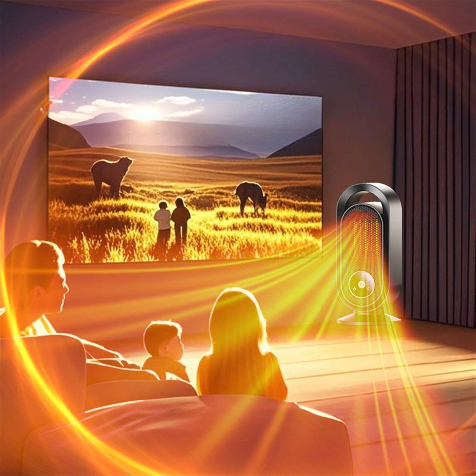 Eine Familie sieht sich einen Bildschirm mit einer Landschaft an. Ein Heizgerät strahlt Licht auf die Familie. Warme Farben dominieren.
