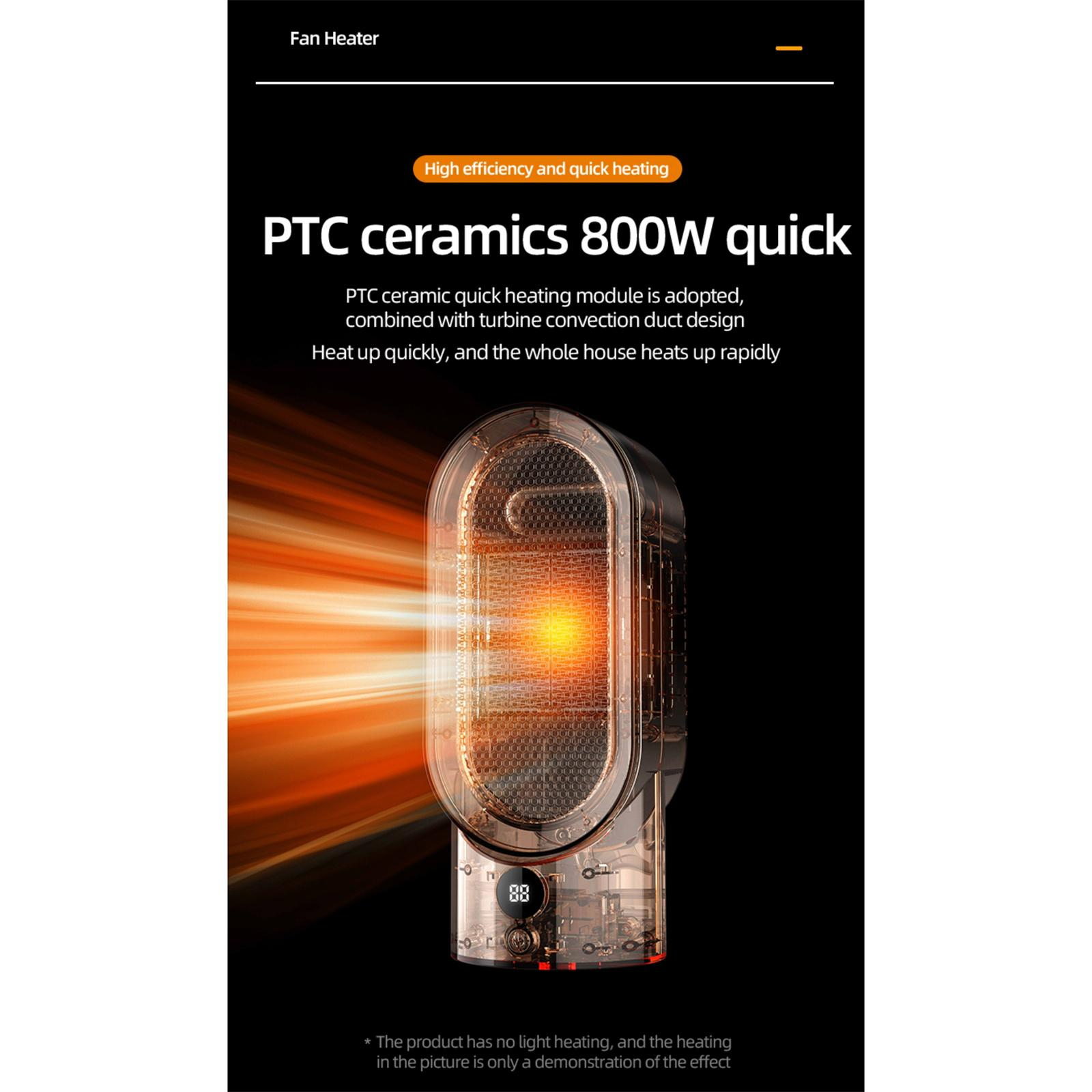 Ein Heizlüfter auf schwarzem Hintergrund. Es hat eine Digitalanzeige und orangefarbenes Licht. Text: 'PTC ceramics 800W quick'.