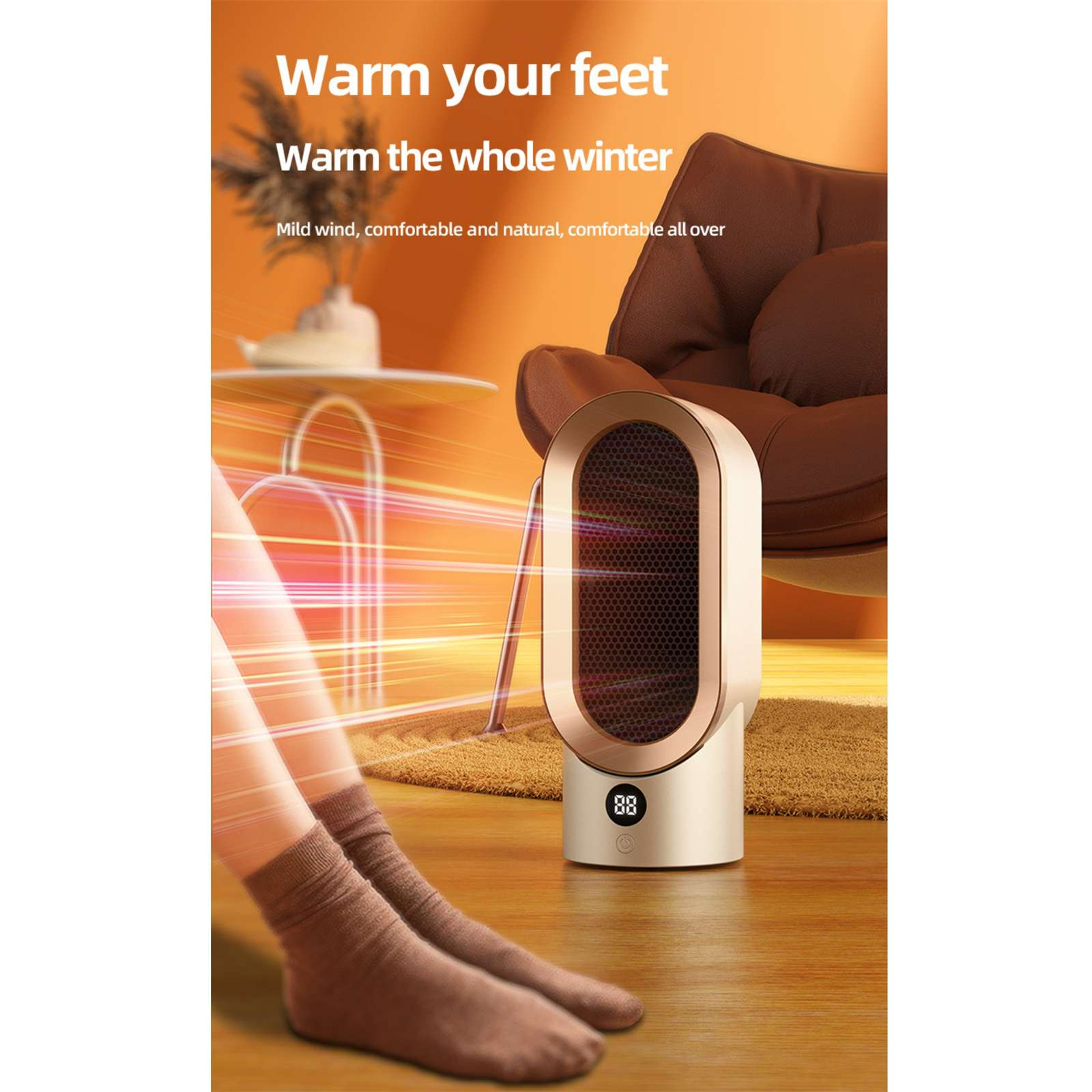 Im Bild sind eine Heizung und Füße zu sehen. Die Heizung hat eine digitale Anzeige mit der Zahl 88. Die Füße tragen Socken.