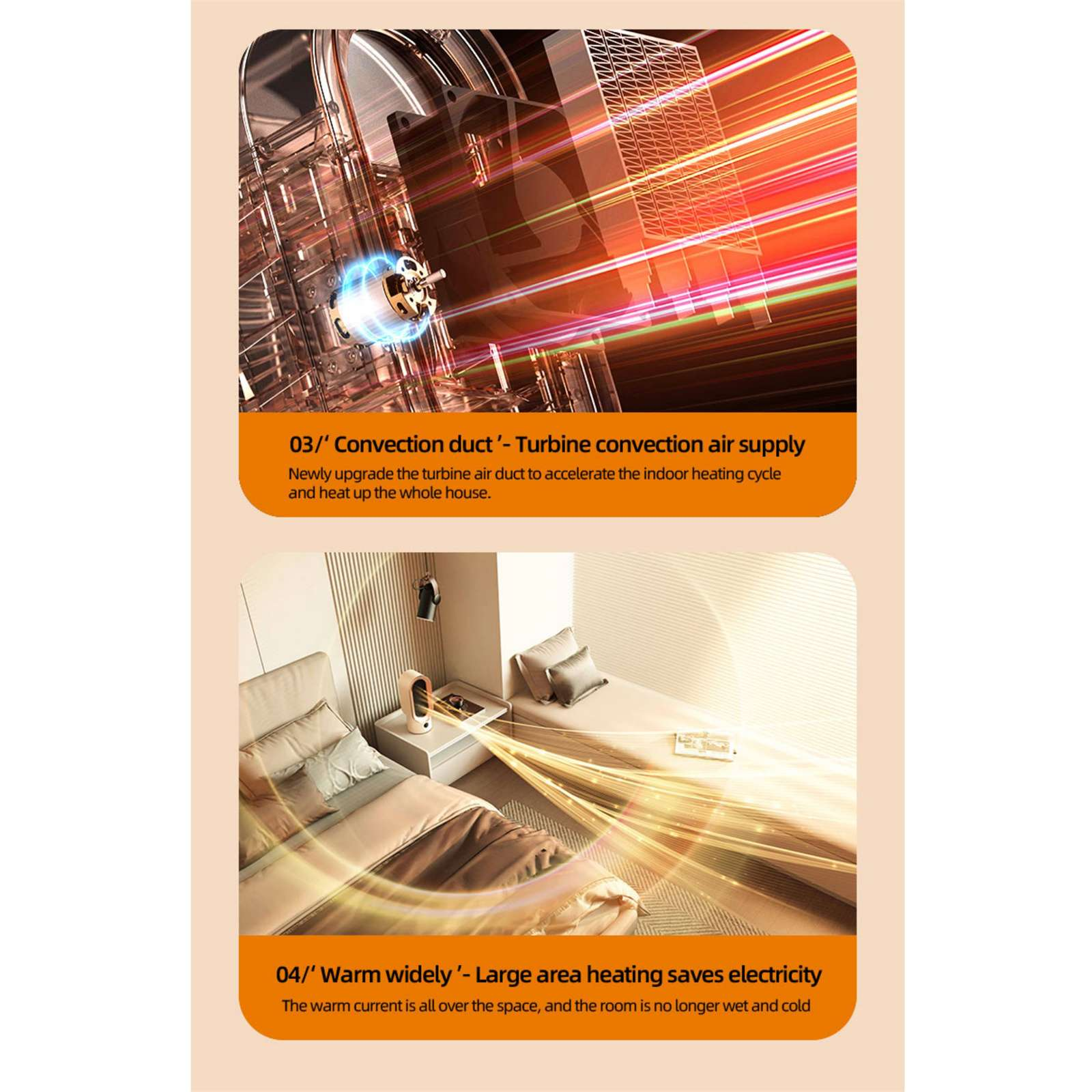 Das Bild zeigt ein Heizsystem mit Turbine und eine Schlafzene mit einem Heizgerät auf einem Tisch.