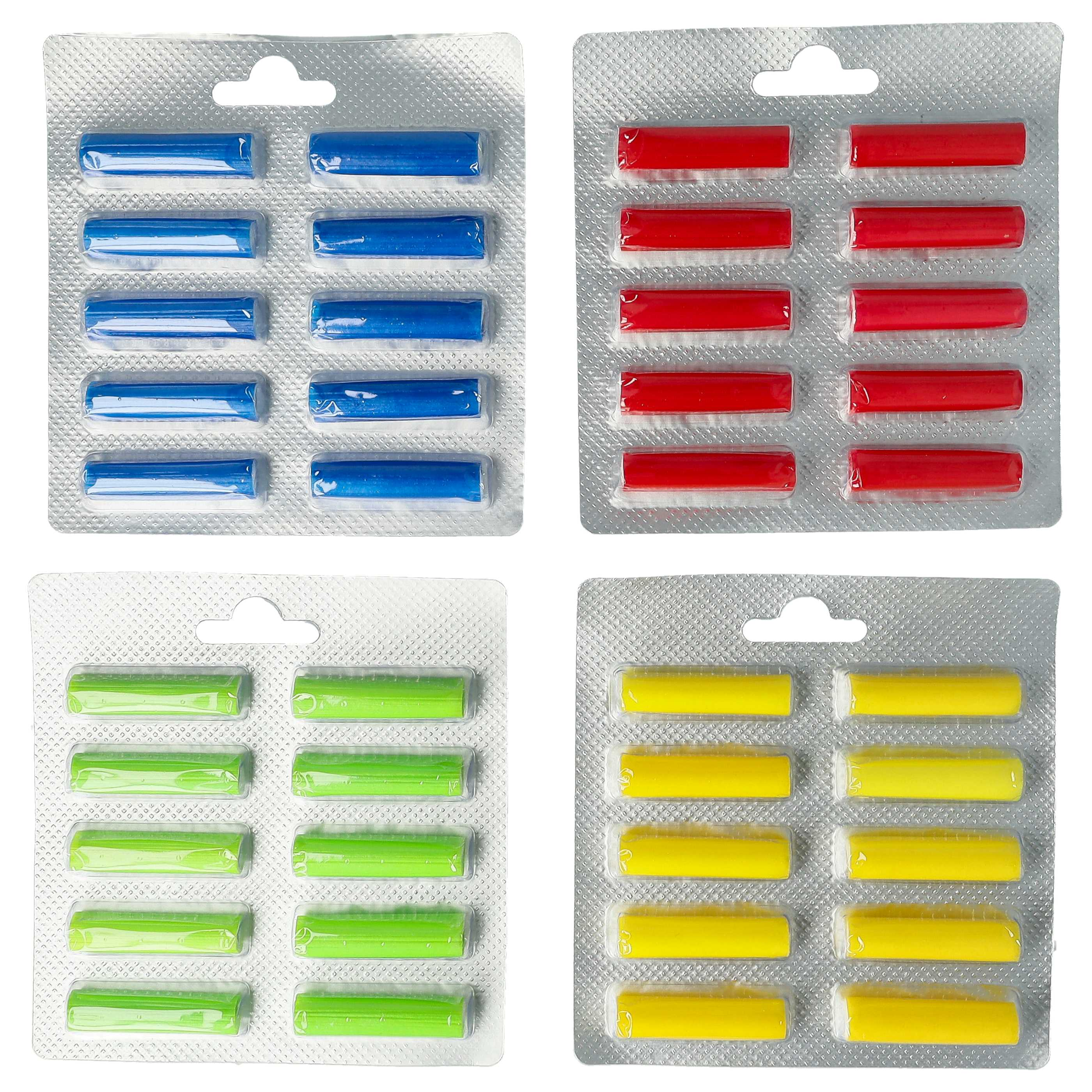Vier Blisterpackungen mit verschiedenfarbigen Stäbchen: blau, rot, grün und gelb. Jede Packung enthält 10 Stäbchen.
