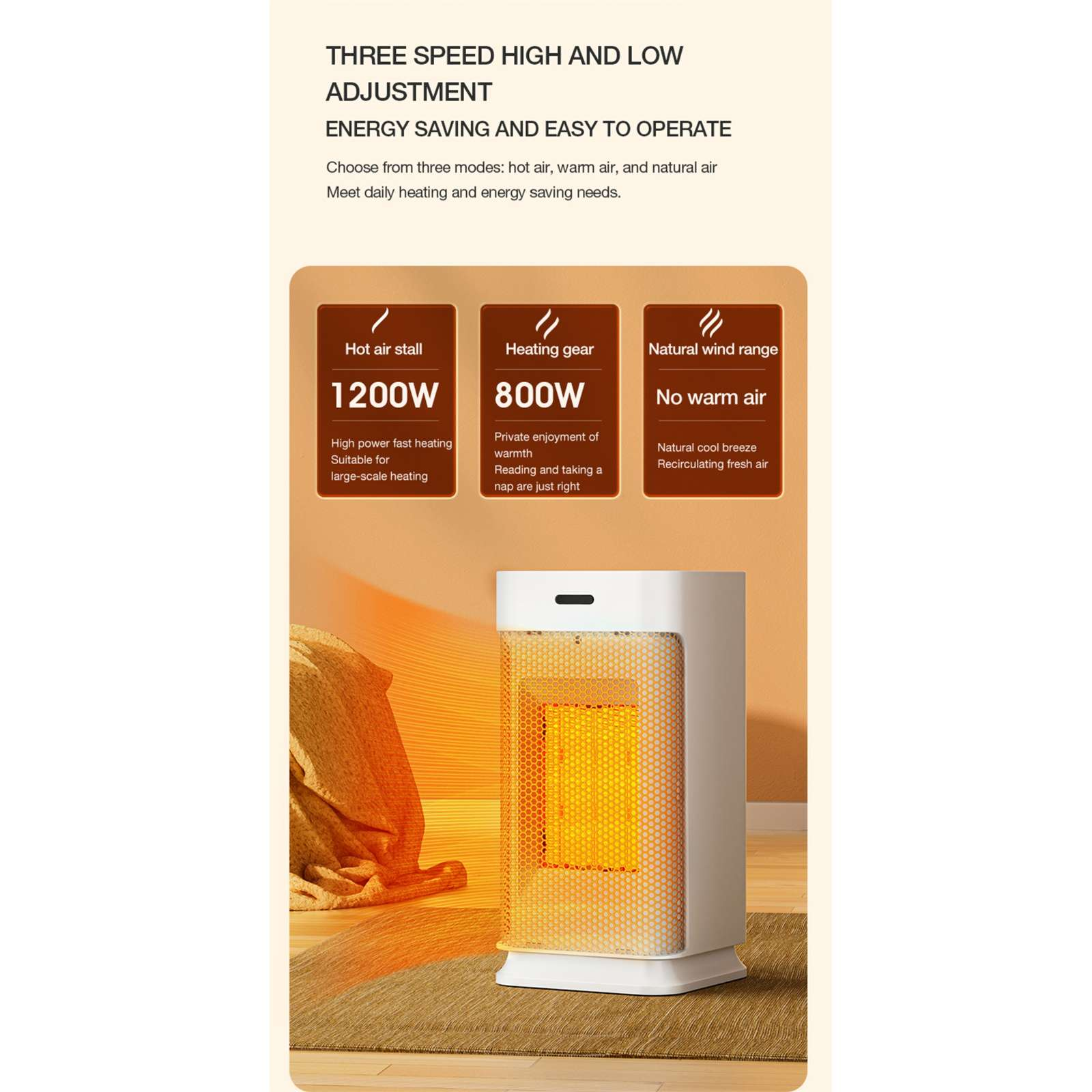 Ein weißer Heizlüfter mit orangem Schein. Text zeigt Heizmodi und Leistung an.