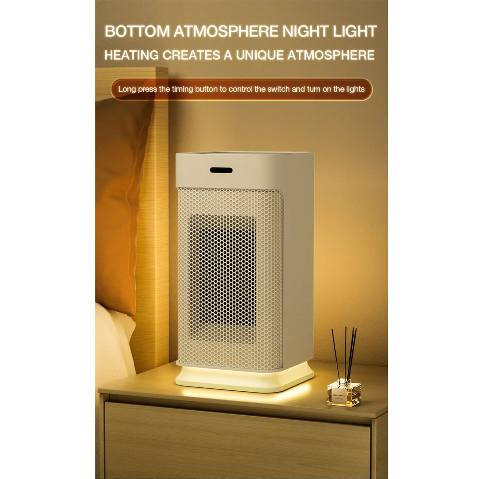 Ein beiger Heizlüfter mit Wabenfront steht auf einem Nachttisch. Der Text lautet: 'BOTTOM ATMOSPHERE NIGHT LIGHT'.