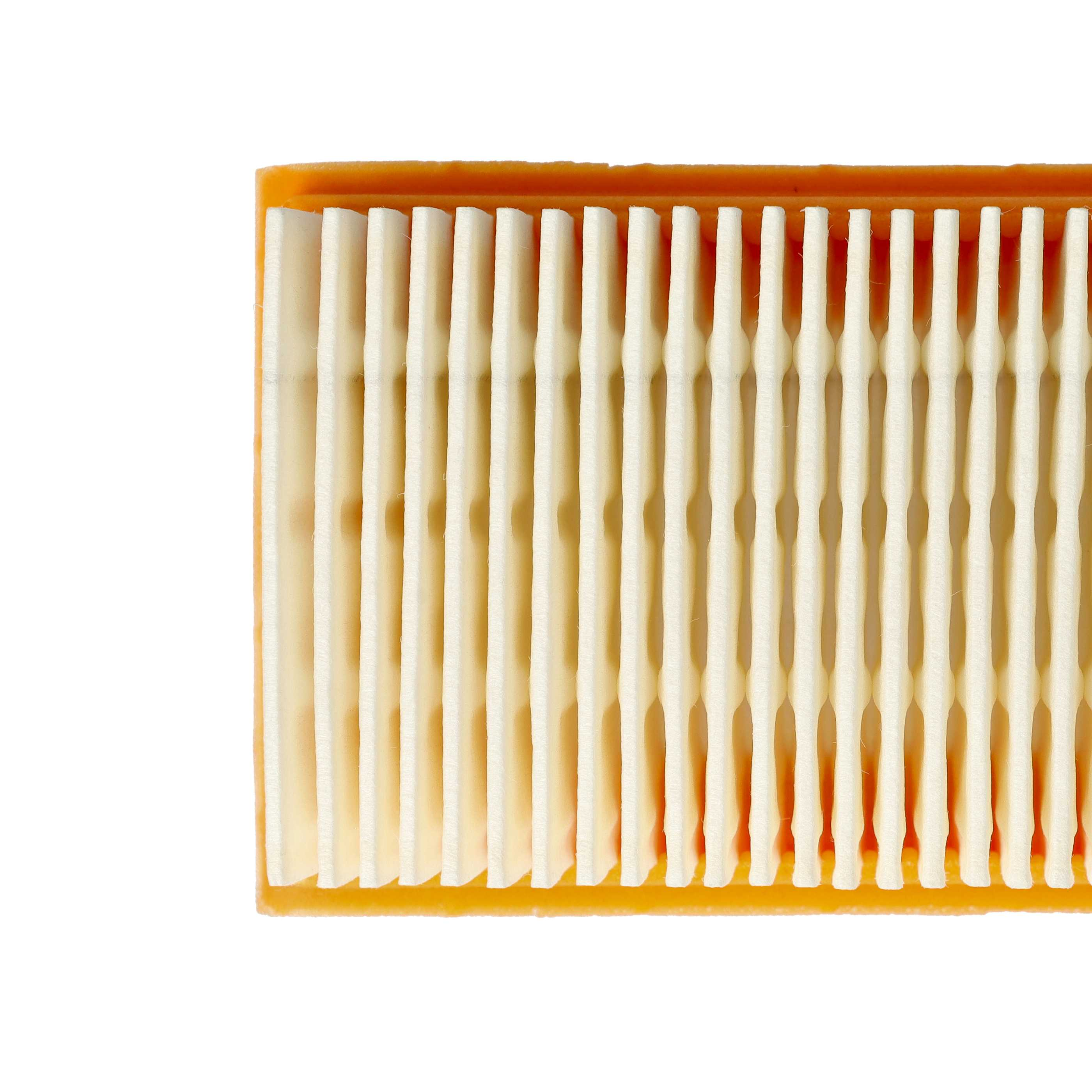 Nahaufnahme eines Luftfilters. Er hat vertikale weiße Filterelemente in einem orangefarbenen Rahmen vor weißem Hintergrund.