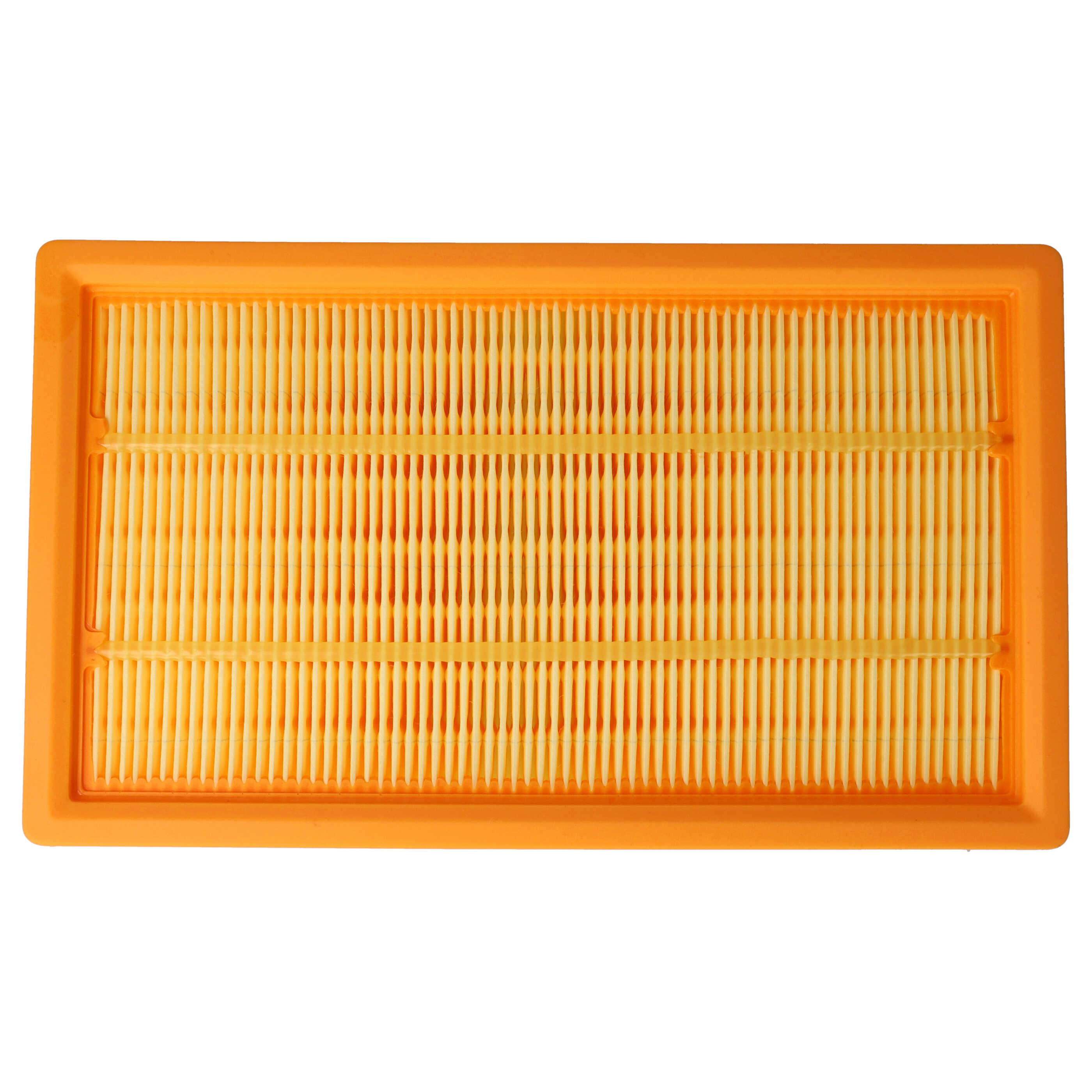 Ein orangefarbener rechteckiger Luftfilter mit vertikalen Rippen und einem gelben Filter im Inneren.