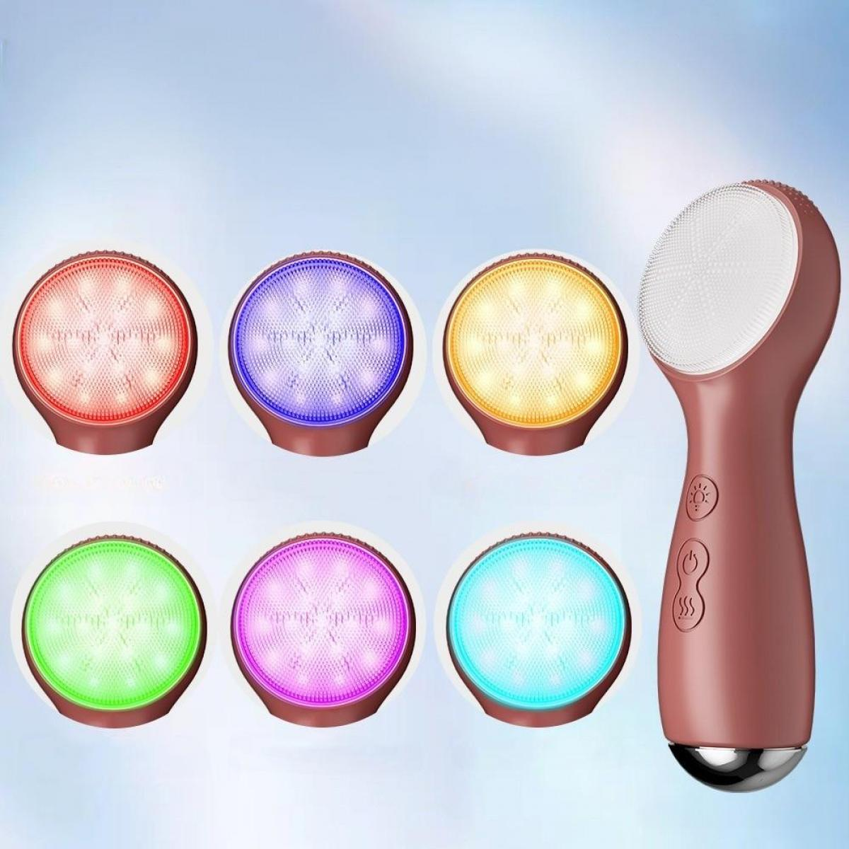 Eine Gesichtsbürste mit verschiedenen LED-Lichtmodi in Rot, Blau, Gelb, Grün, Pink und Cyan. Die Bürste ist braun.