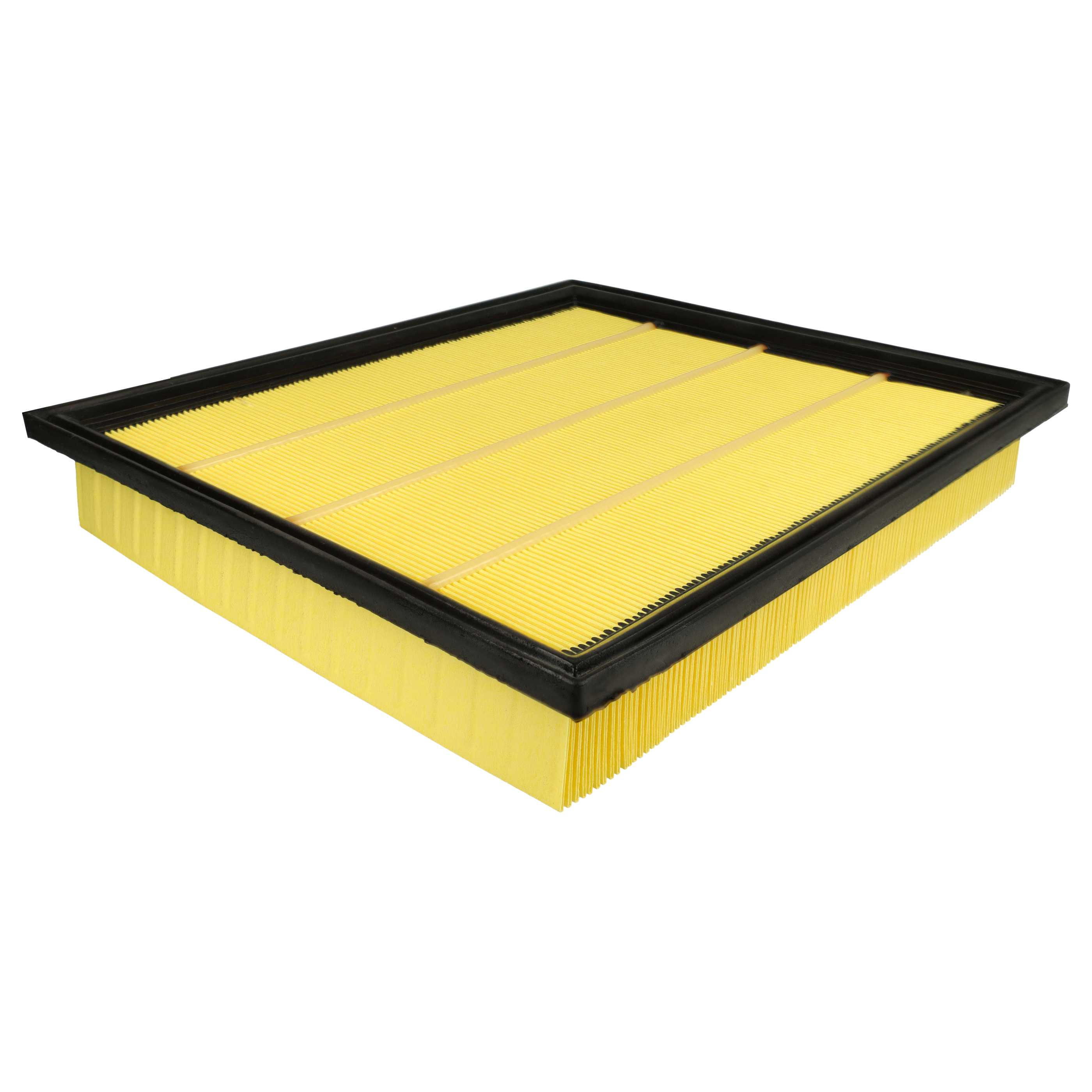 Ein rechteckiger Luftfilter mit gelbem, plissiertem Filtermaterial und einem schwarzen Rahmen, freigestellt.