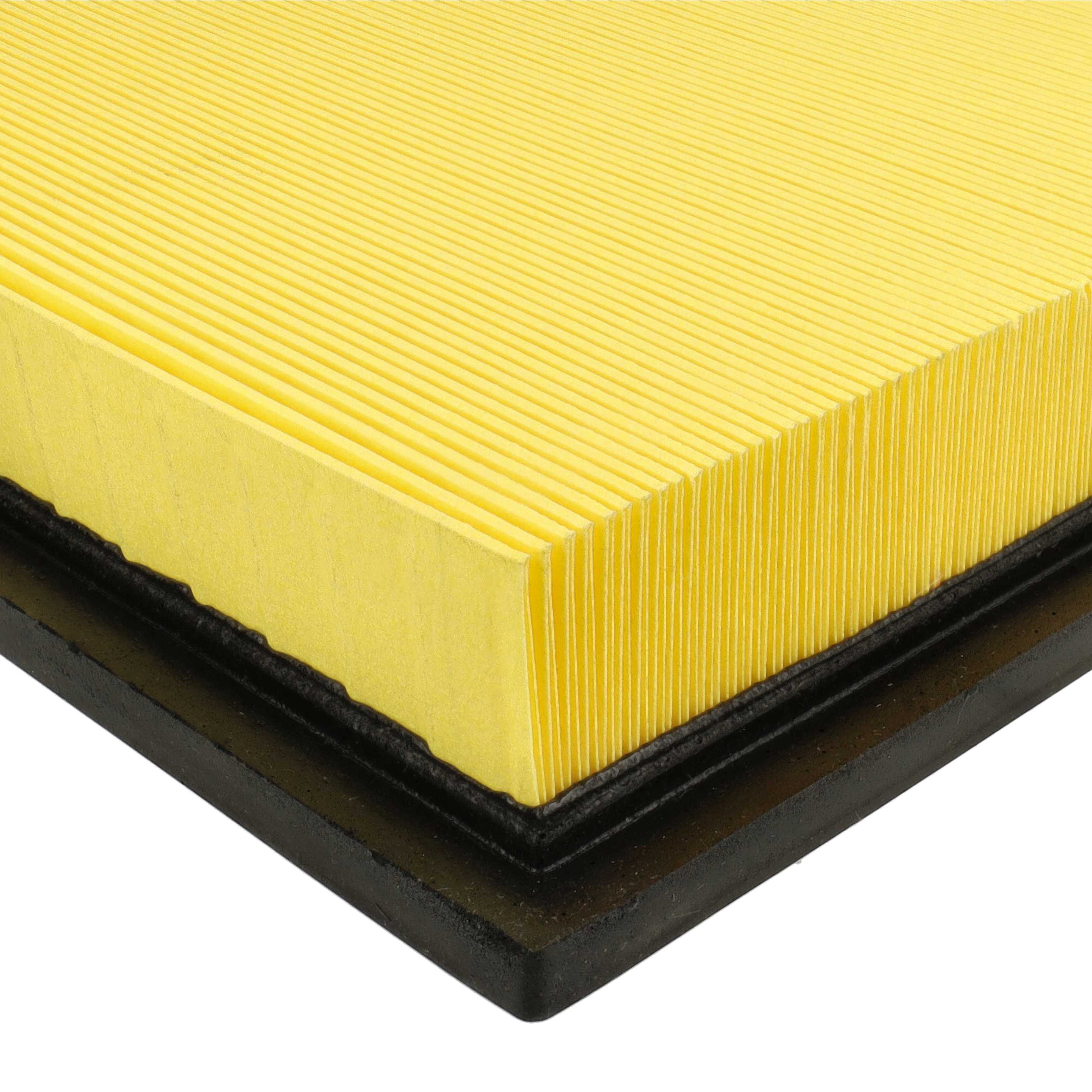Ein rechteckiger Luftfilter mit gelbem, plissiertem Papier und einem schwarzen Rahmen auf weißem Hintergrund.