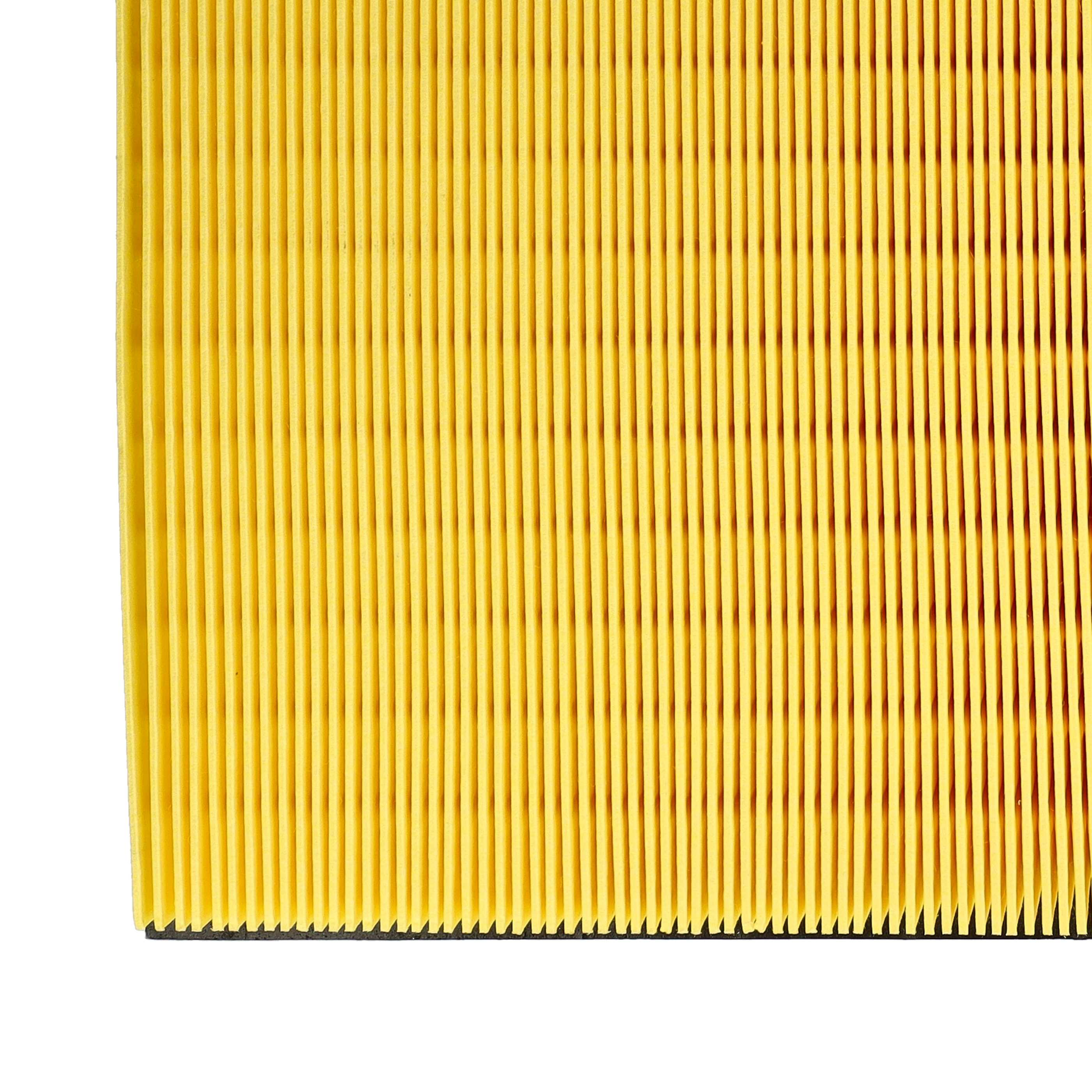 Nahaufnahme eines gelben Luftfilters mit vertikalen Rippen vor weißem Hintergrund.
