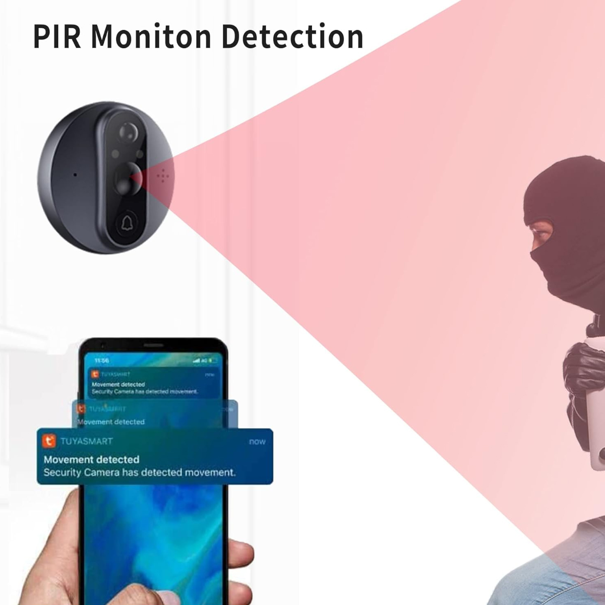 Eine Überwachungskamera detektiert eine maskierte Person. Ein Telefon zeigt eine Benachrichtigung über erkannte Bewegung. Die Kamera wird mit einem roten Strahl gezeigt.