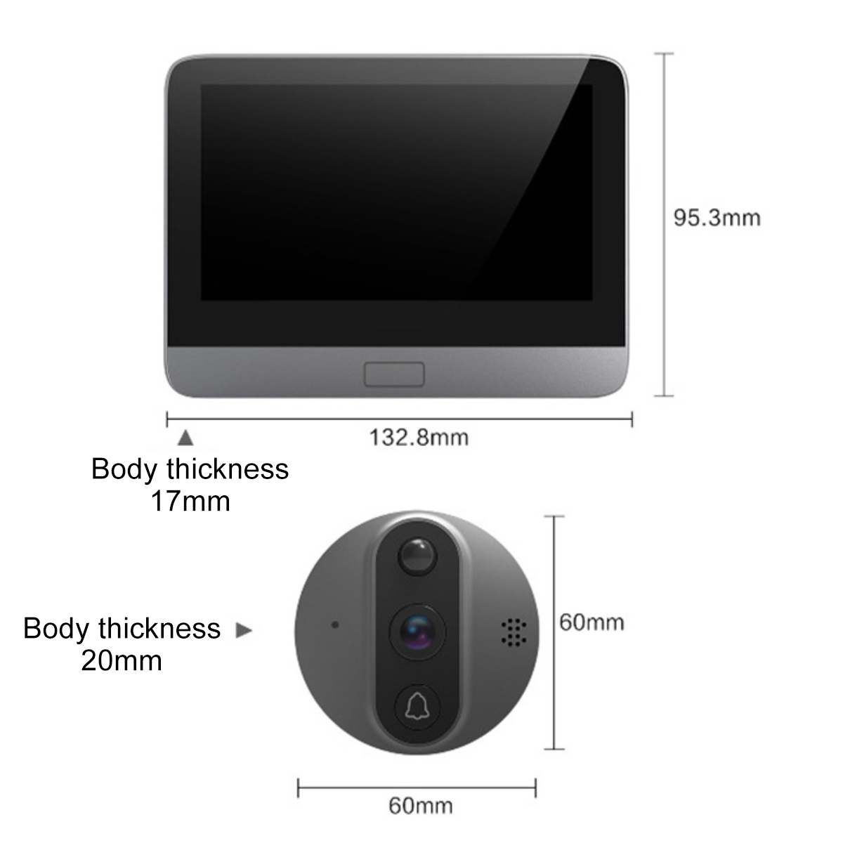 Diagramm einer Video-Türklingel und eines Monitors. Der Monitor ist rechteckig, die Türklingel rund mit Kamera und Glockenknopf.