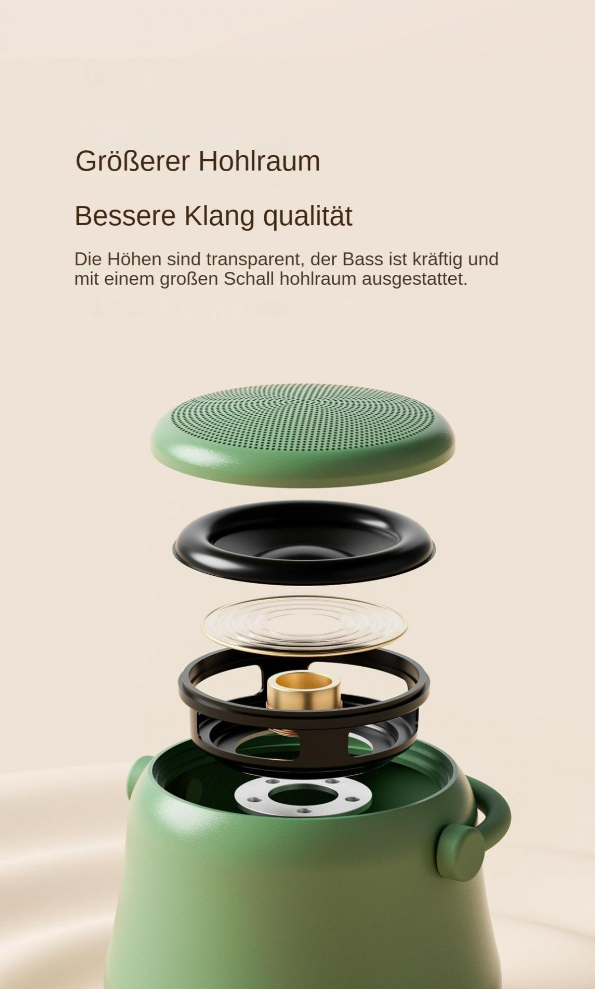 Explosionsansicht eines grünen Lautsprechers. Komponenten sind eine perforierte Oberseite, ein schwarzer Ring, Gold- und Schwarzteile und eine grüne Basis.