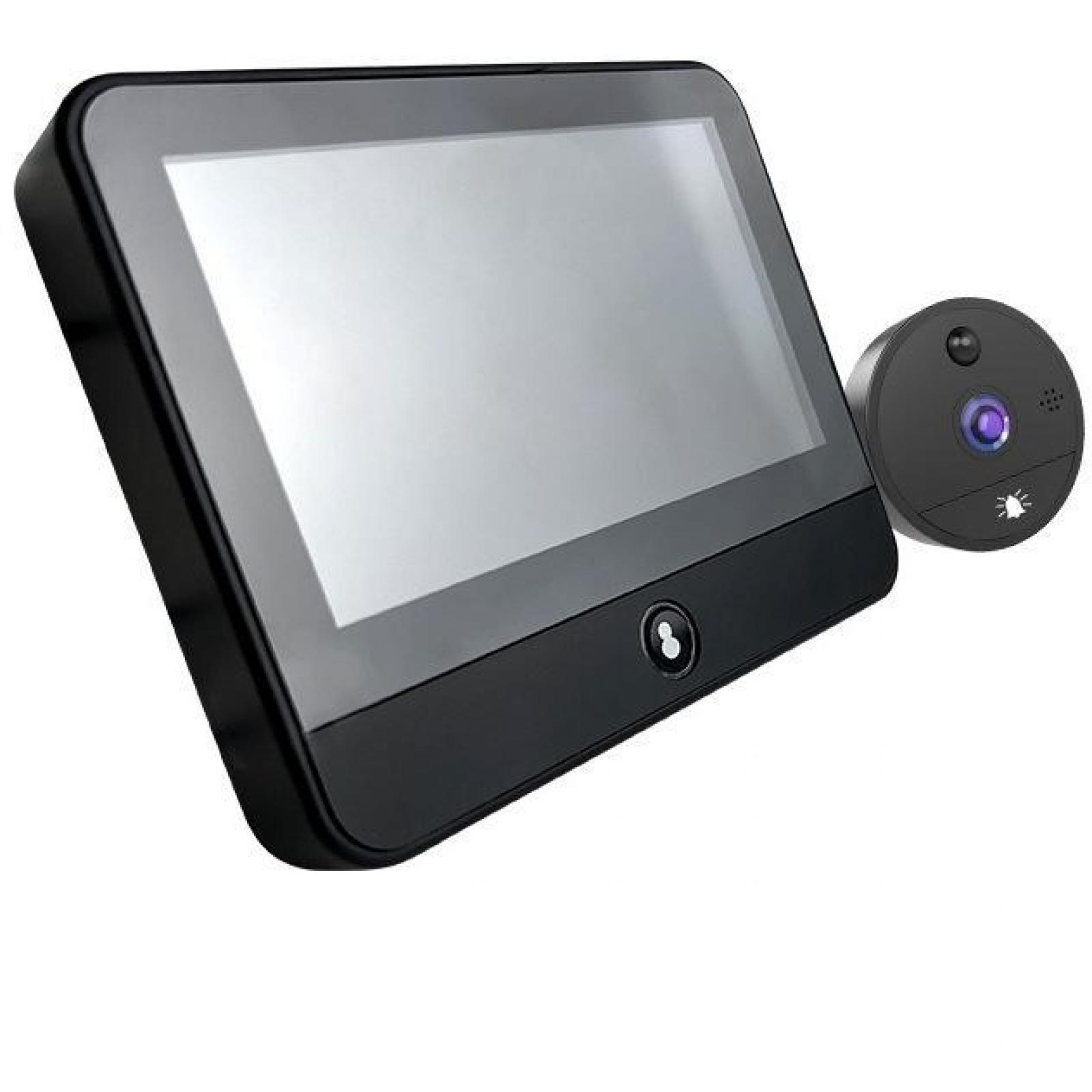 Schwarzer digitaler Türspion mit Bildschirm und Kamera auf weißem Hintergrund. Die Kamera hat eine lilafarbene Linse.