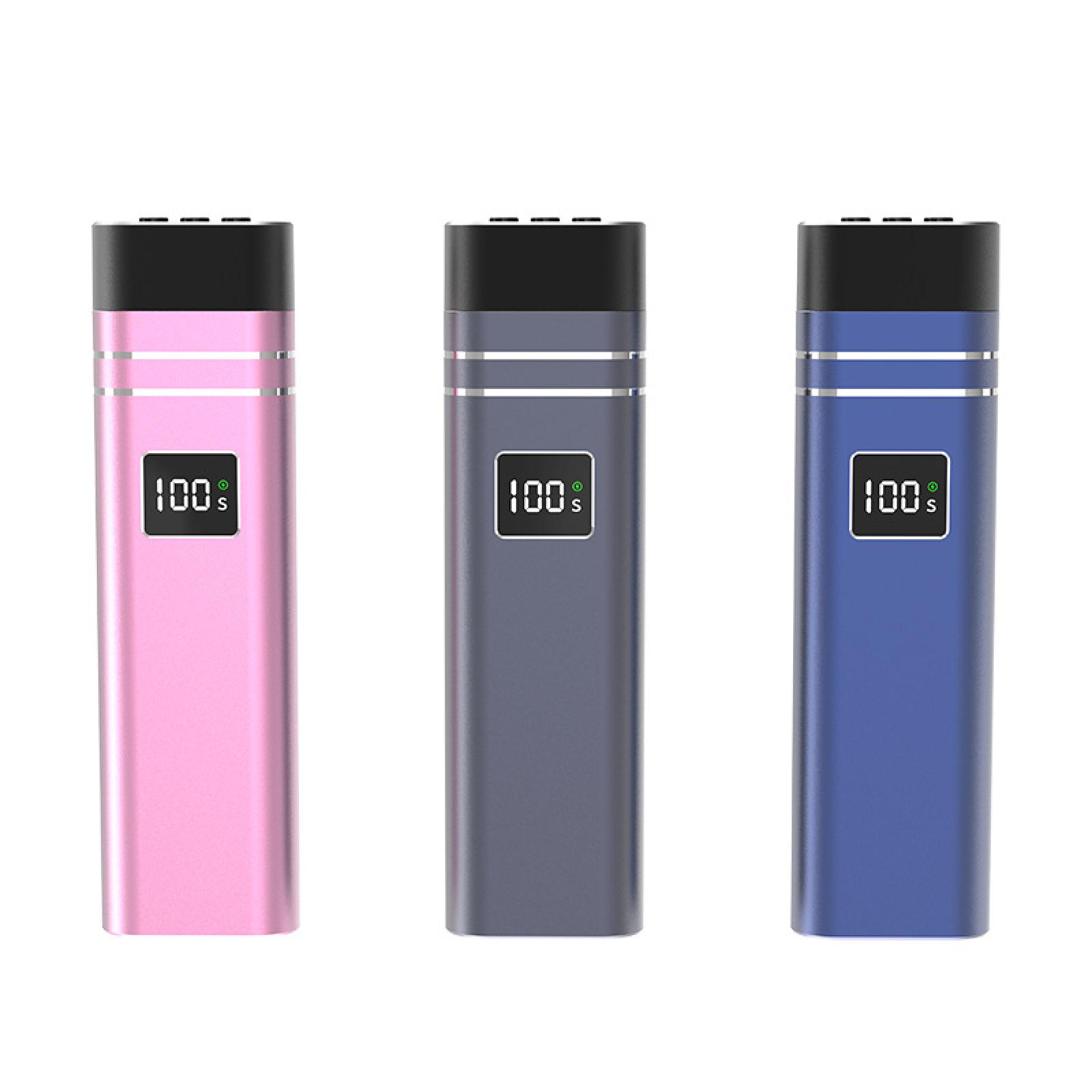 Drei farbige Geräte: rosa, grau und blau. Jedes hat einen schwarzen Deckel und zeigt 100s an. Der Hintergrund ist weiß.