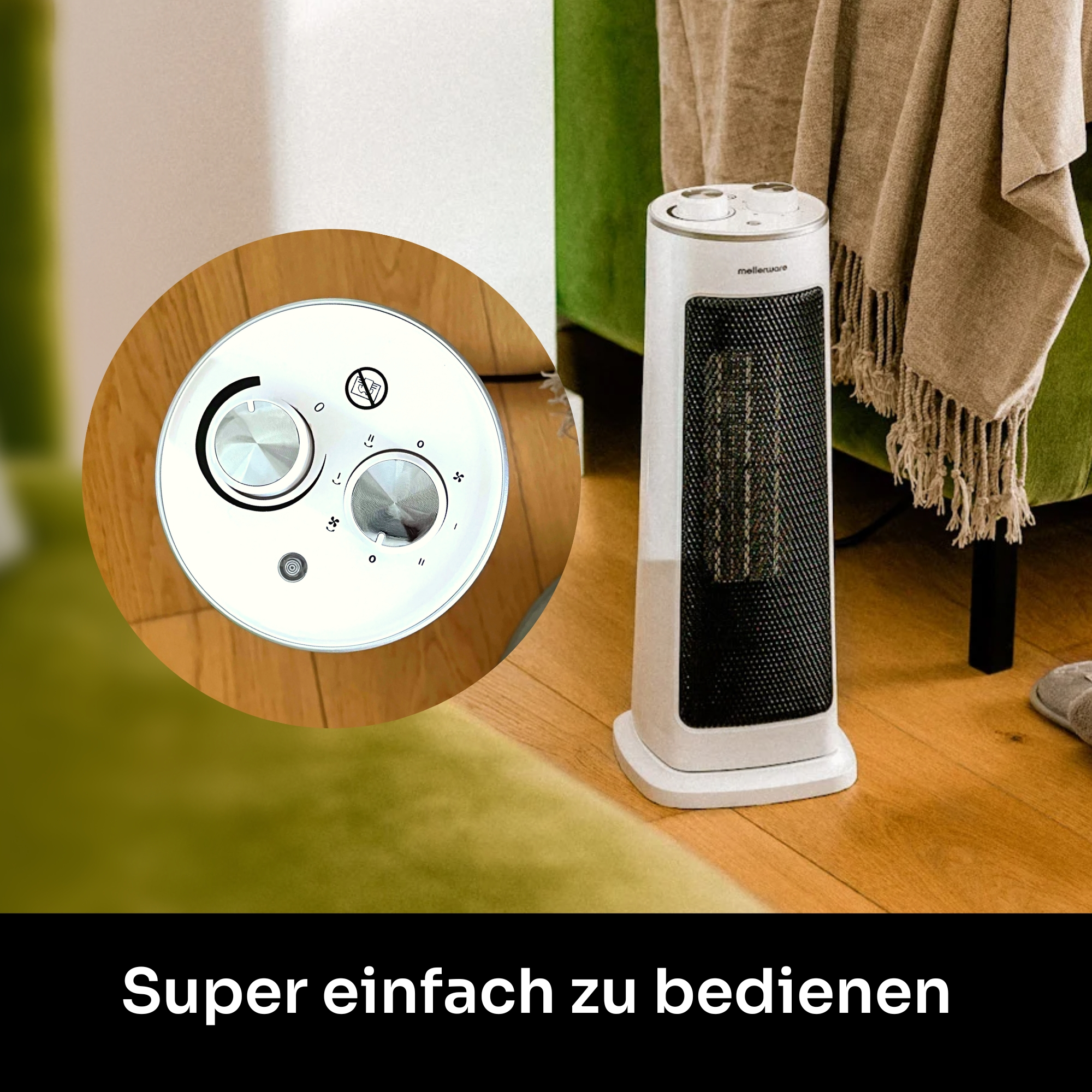Weißer Heizlüfter mit schwarzem Gitter, Bedienelemente oben, auf Holzfußboden. Grünes Sofa und Decke im Hintergrund.