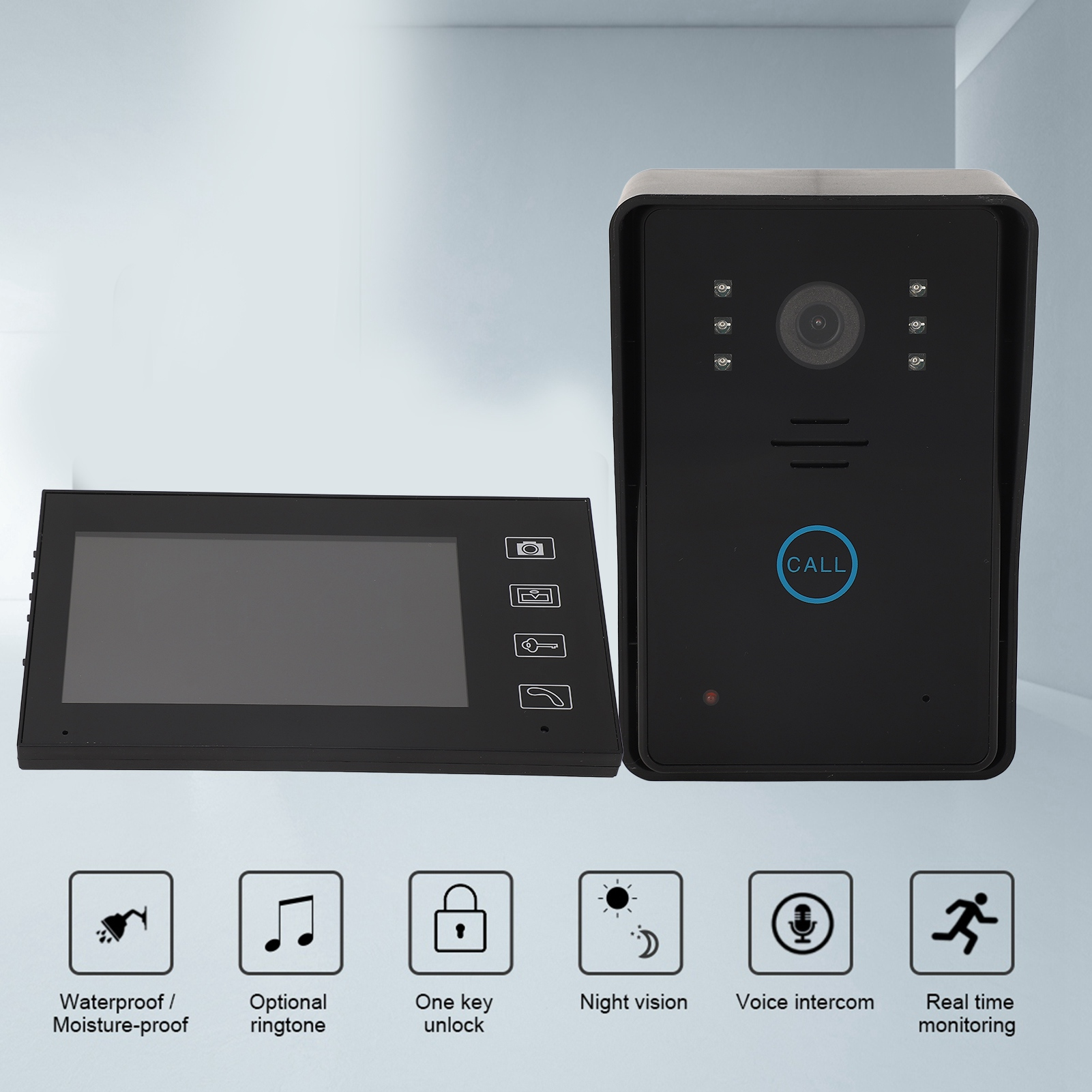 Ein schwarzes Intercom-System mit einem Bildschirm links und einer Einheit mit Kamera und Ruftaste rechts.