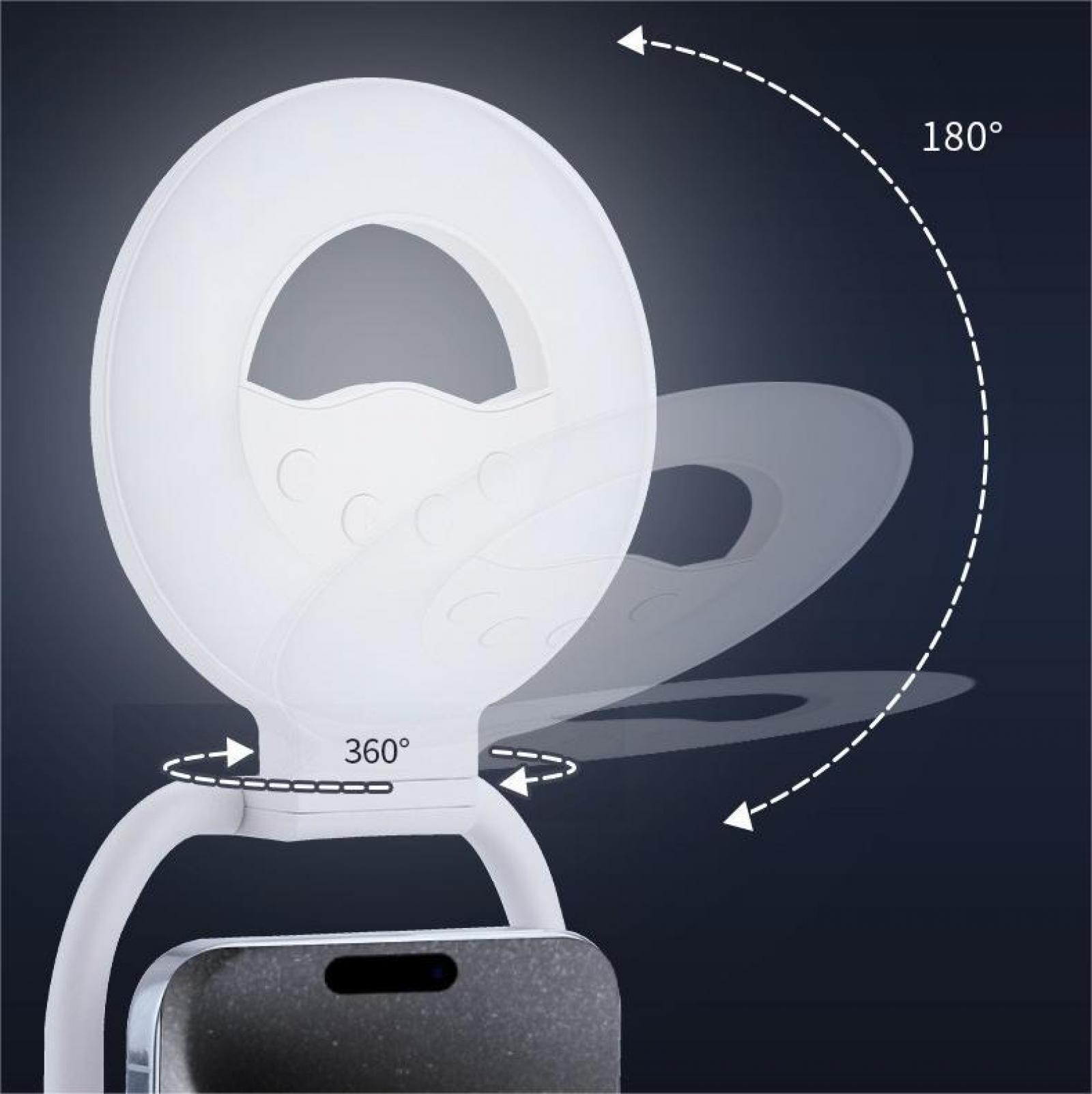 Weißes Ringlicht mit Telefon. Pfeile zeigen 360- und 180-Grad-Drehung. Dunkler Hintergrund.