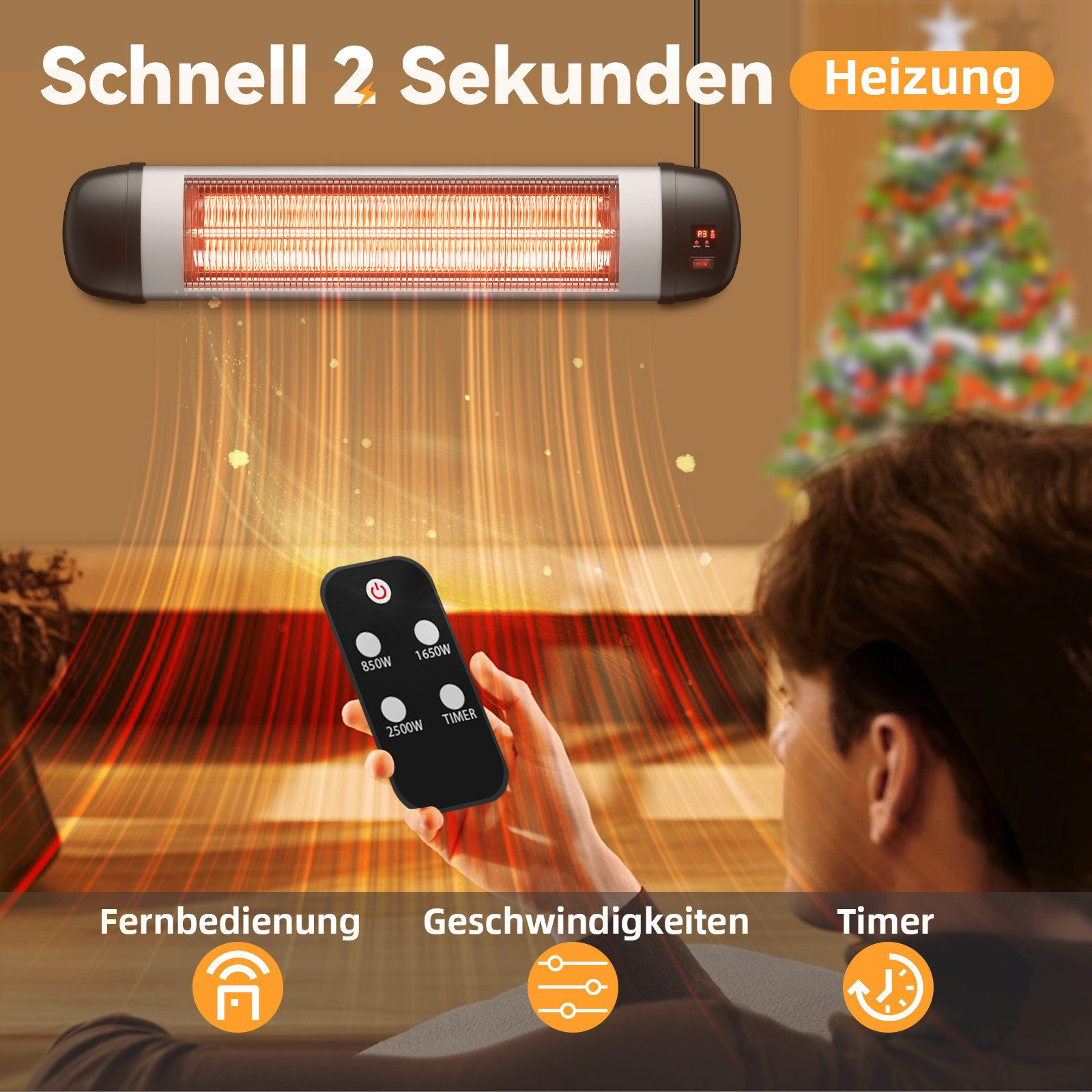 Grzejnik na podczerwień z pilotem. Mężczyzna trzyma pilota. Choinka w tle. Pomarańczowe i brązowe odcienie.