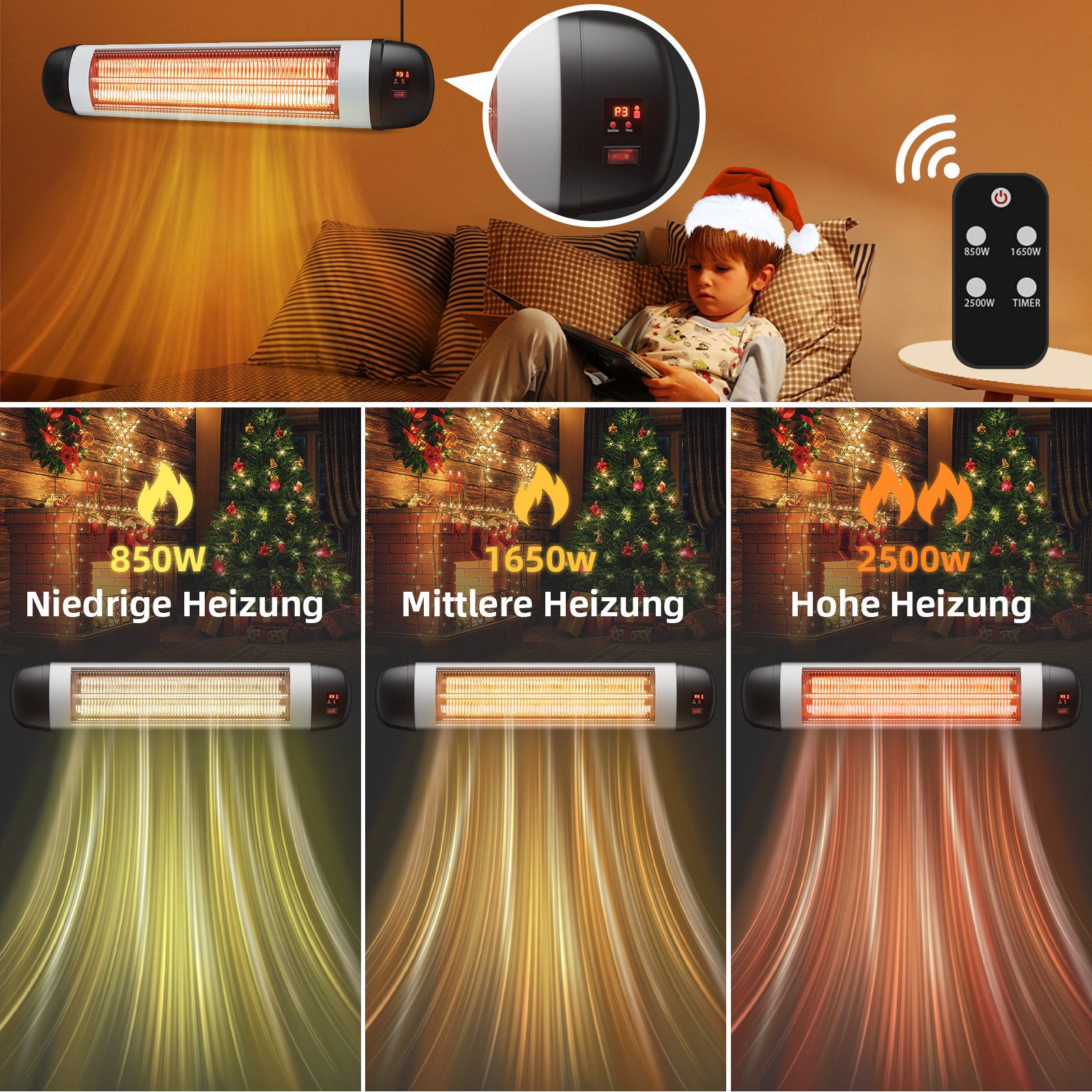 Grzejnik z trzema ustawieniami mocy. Dziecko w czapce Mikołaja czyta. Dekoracje świąteczne w tle.