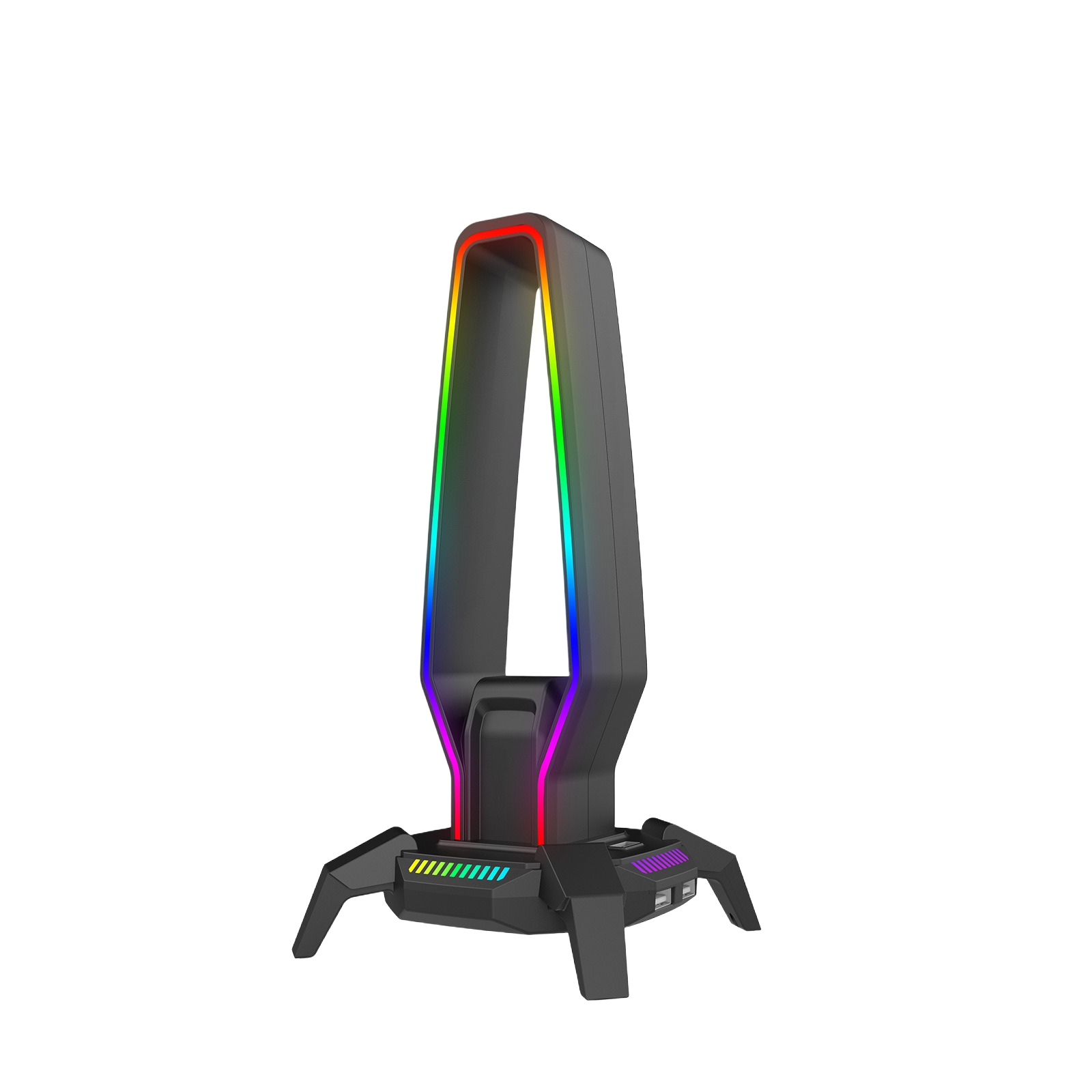 Schwarzer Gaming-Headset-Ständer mit Regenbogen-LED-Leuchten. Hat eine Basis mit USB-Anschlüssen. Weißer Hintergrund.