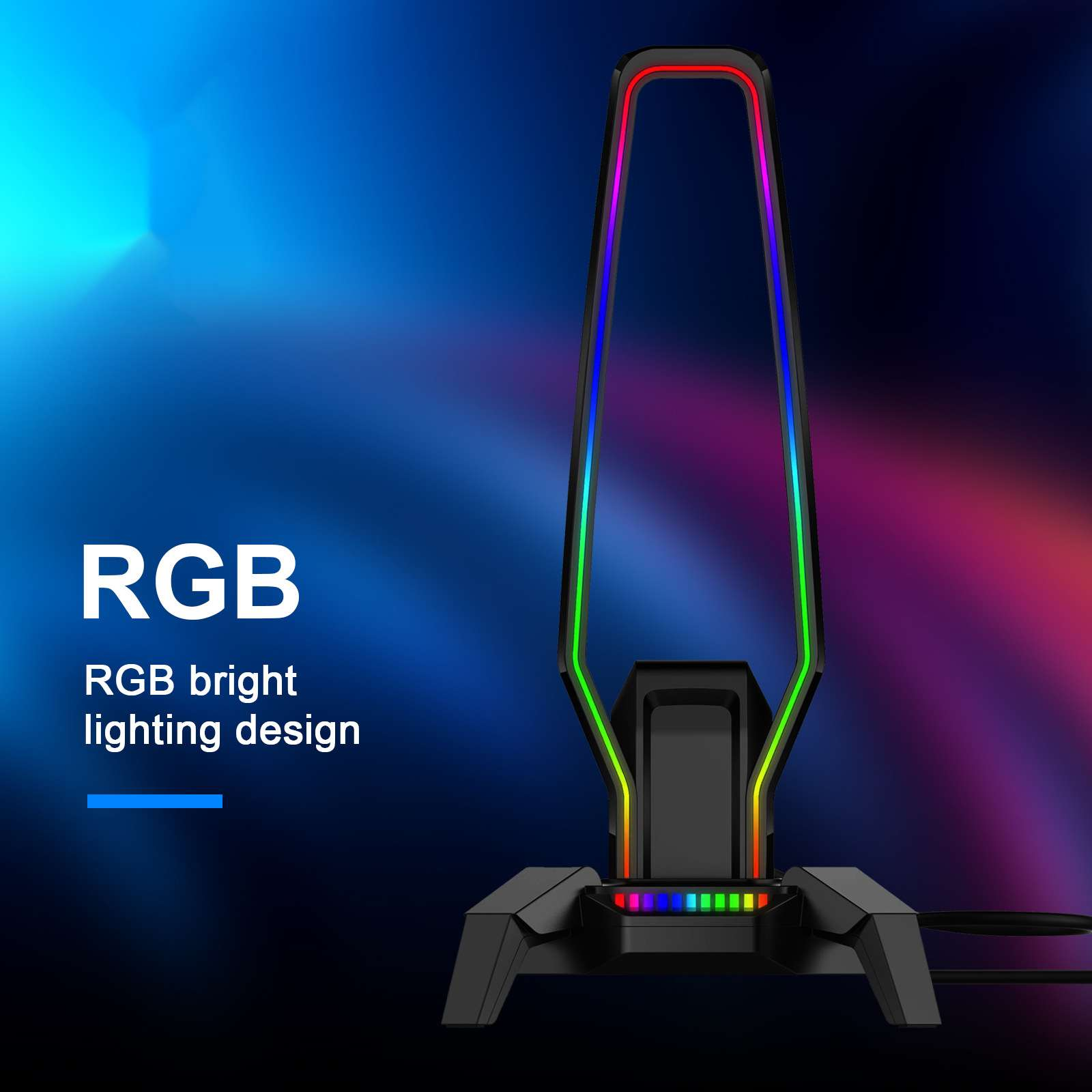 Schwarzer RGB-Lichtständer mit bunten Lichtern. Text lautet: 'RGB helles Beleuchtungsdesign' auf blauem Hintergrund.