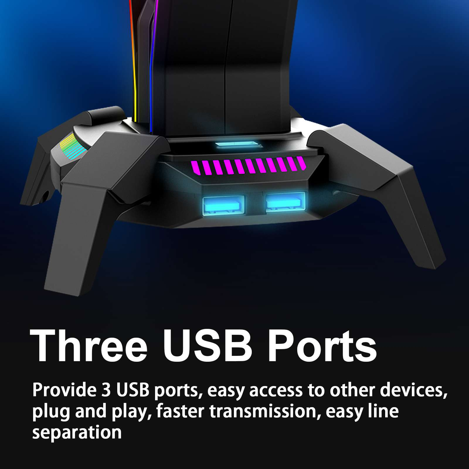 Schwarzer USB-Hub mit drei Anschlüssen, mit blauen und pinkfarbenen Lichtern. Der Hintergrund ist ein blauer Farbverlauf.