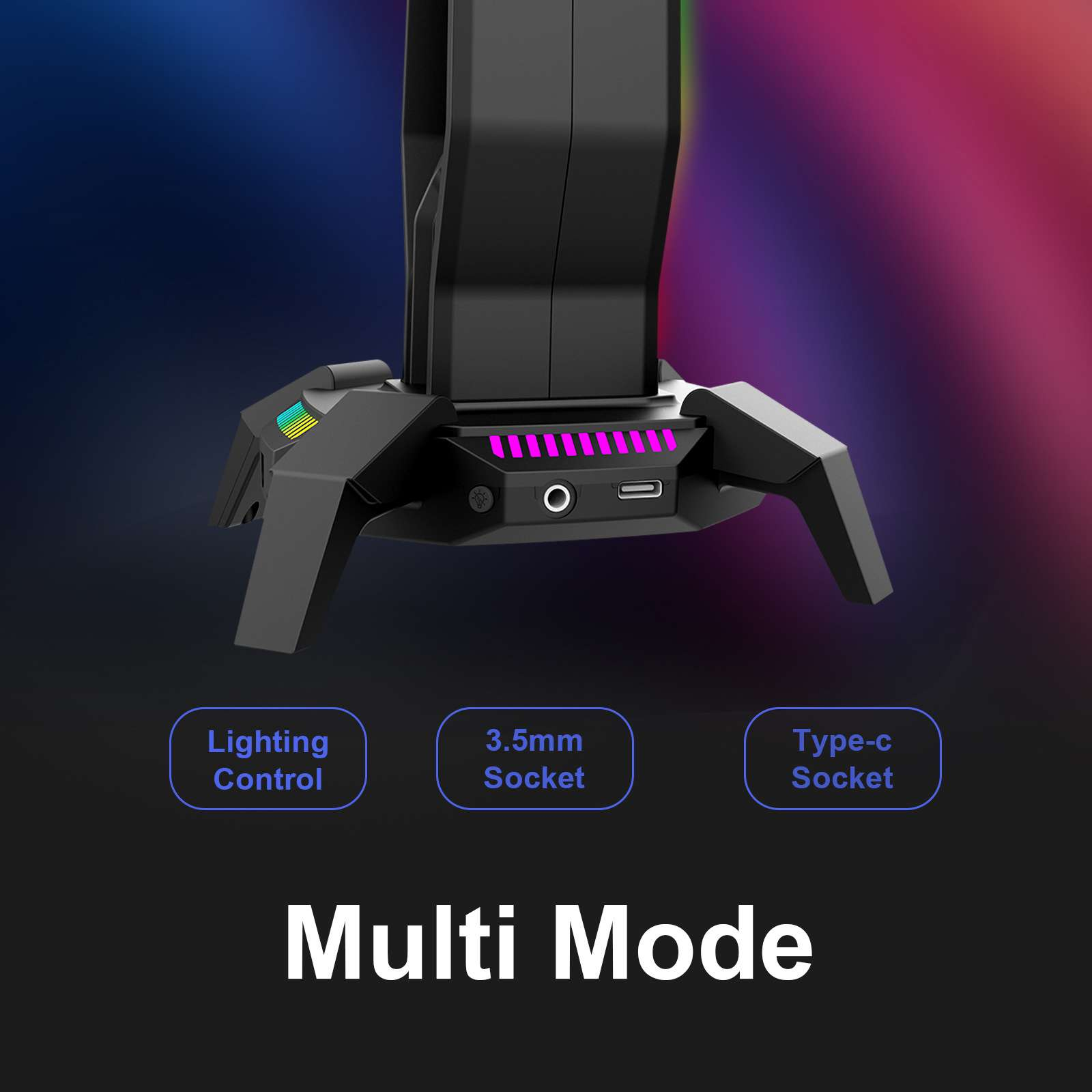 Schwarzes Gerät mit rosa Lichtern, 3,5-mm-Buchse und Typ-C-Buchse. Text: 'Beleuchtungssteuerung', 'Multi Mode'.