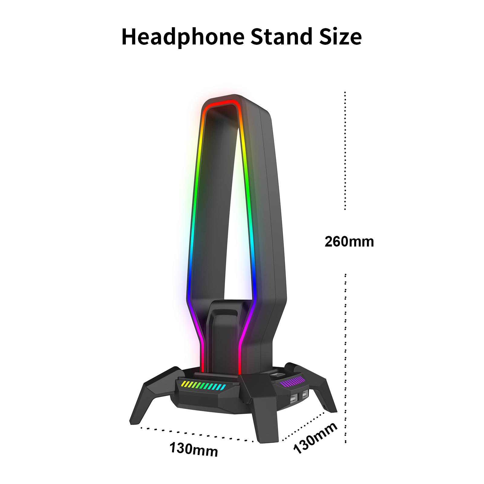 Kopfhörerständer mit Abmessungen. Der Ständer ist schwarz mit einem Regenbogen-LED-Licht. Er ist 130x130x260mm groß.