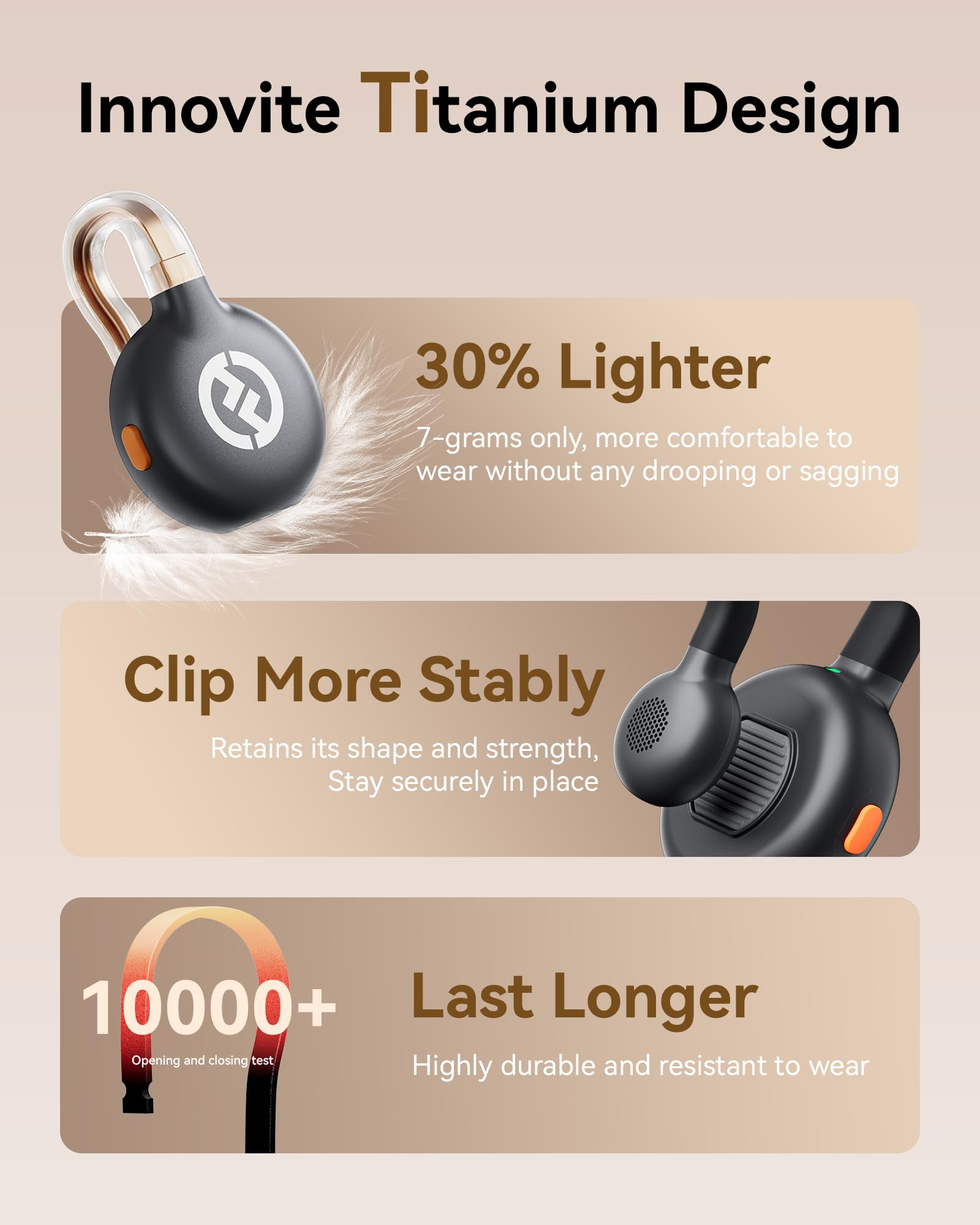 Immagine promozionale. Cuffie nere con design in titanio. Il testo recita: 30% più leggere, aggancio più stabile e più durature.