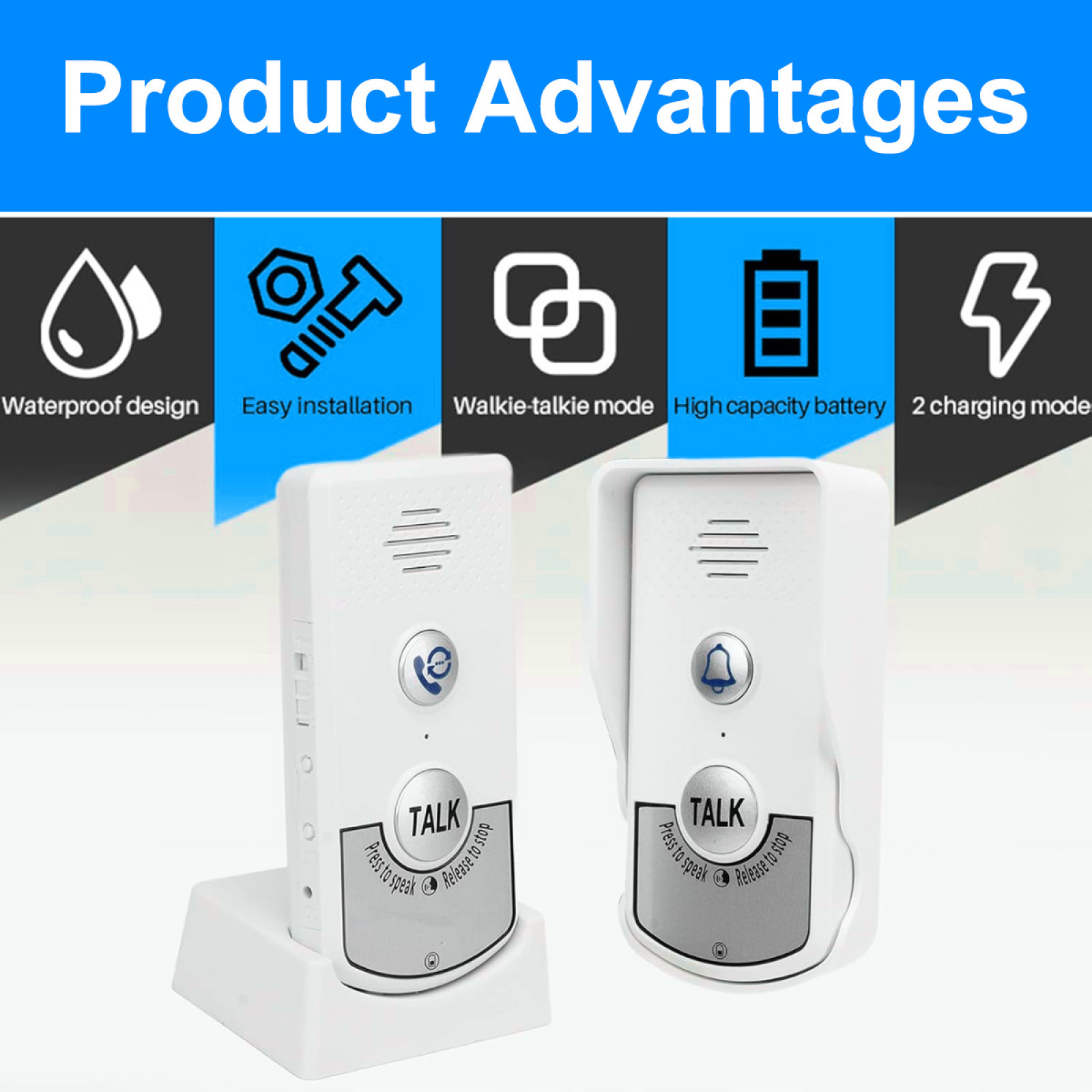 Das Bild zeigt eine weiße Gegensprechanlage mit Symbolen, die Funktionen wie wasserdichtes Design und Walkie-Talkie-Modus anzeigen.