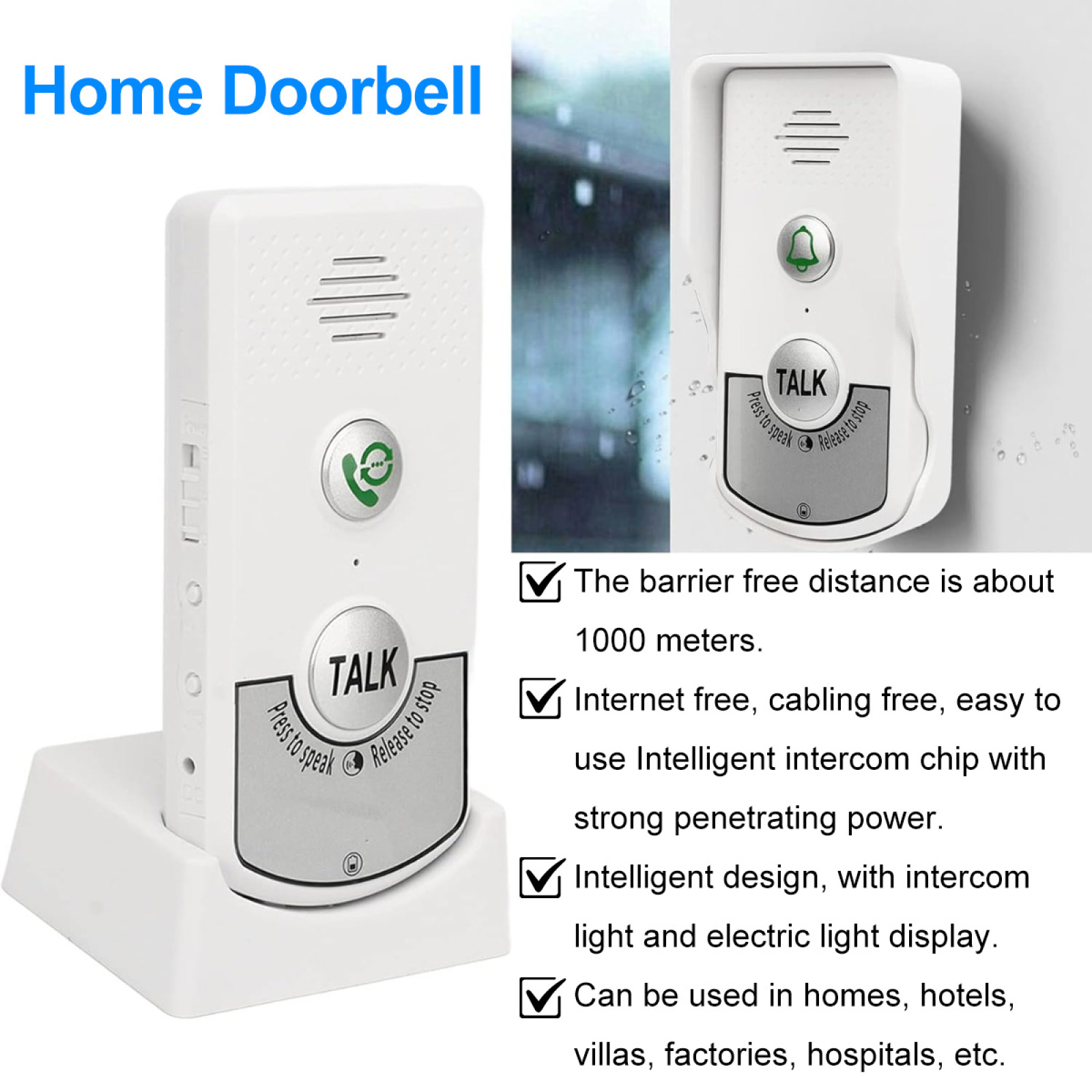 Weiße Türklingel mit Lautsprecher und Sprechtaste. Text sagt 'Home Doorbell' und listet Funktionen.