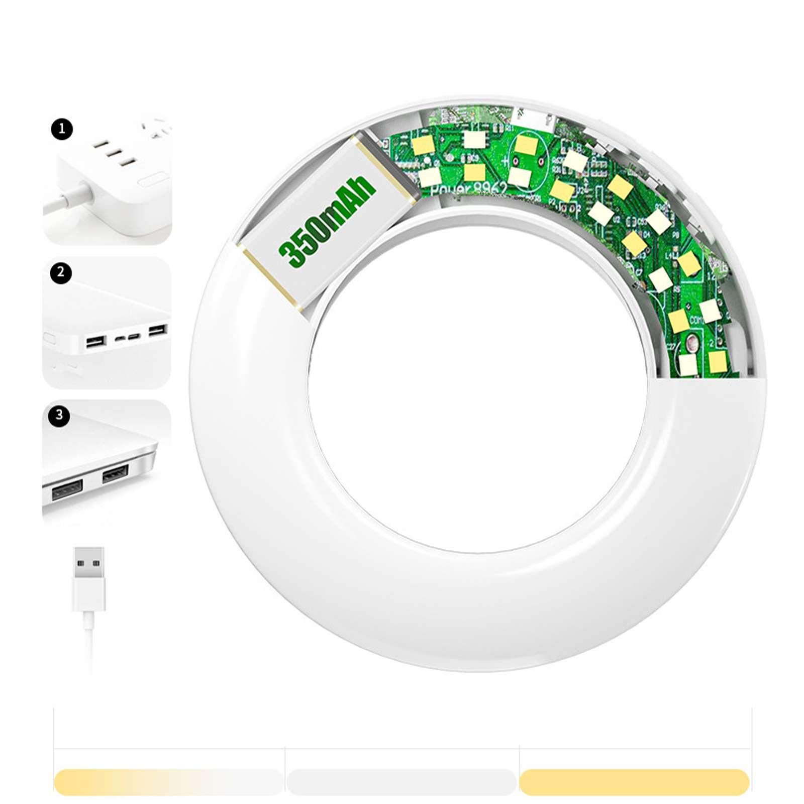Weißes kreisförmiges LED-Licht mit 350mAh-Akku und sichtbarer Leiterplatte, zusammen mit Netzadaptern und USB-Kabel.