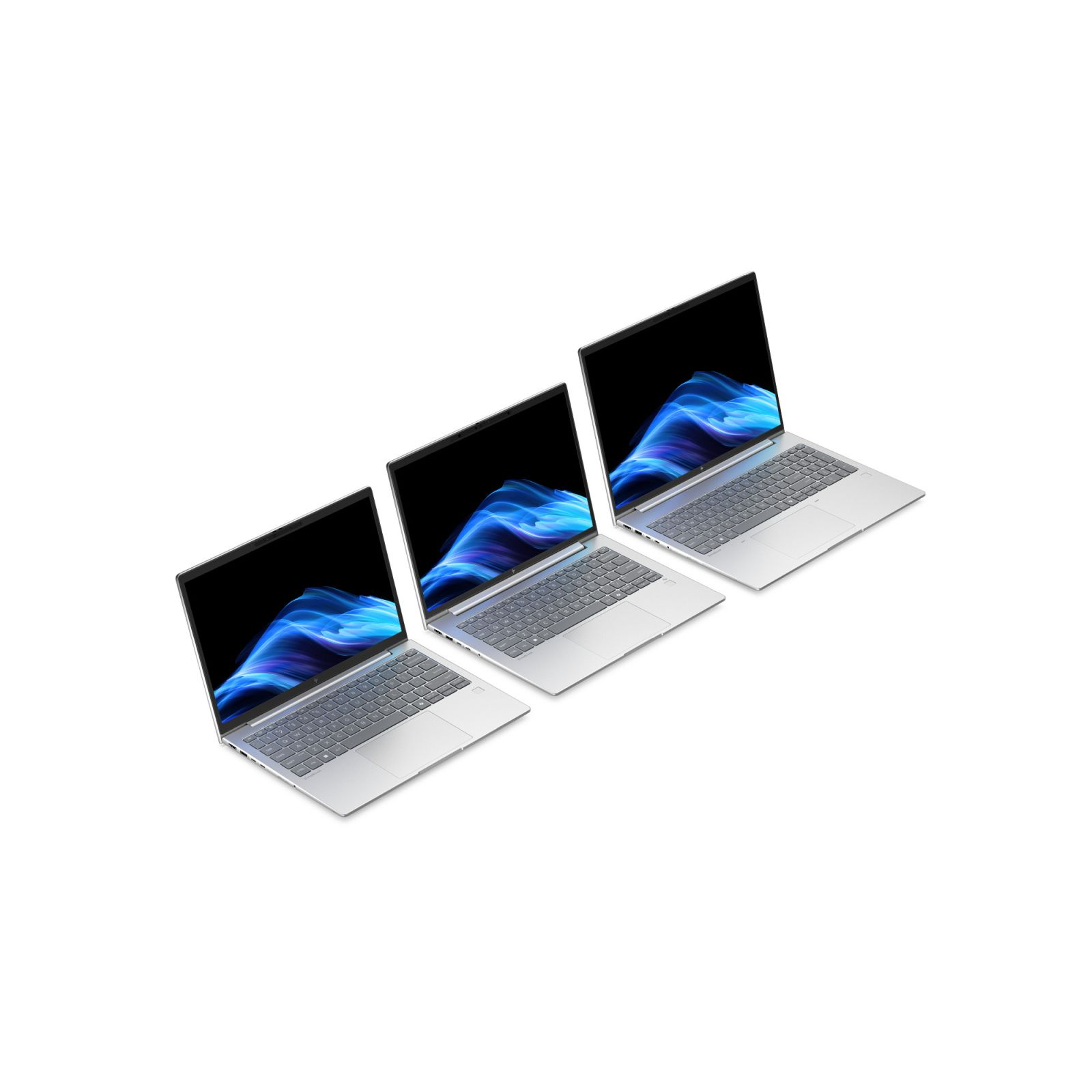 Tre laptop argentati con schermi neri che mostrano arte astratta blu su sfondo bianco.