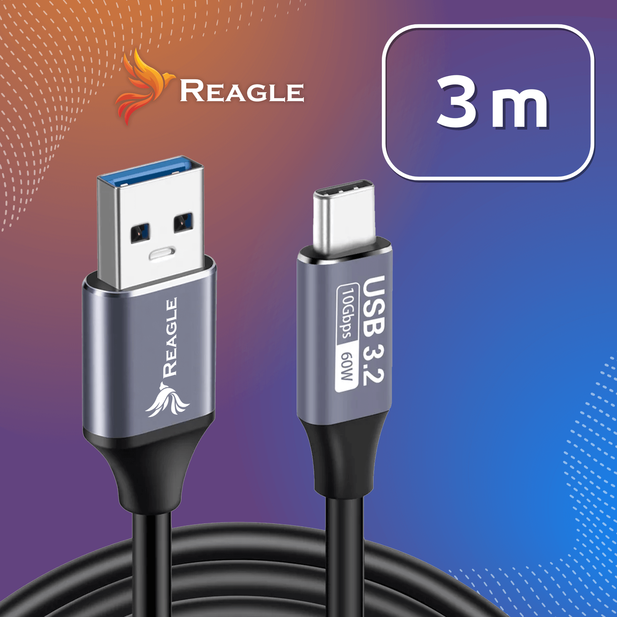 Kabel USB 3.2 firmy Reagle. Posiada złącza USB-A i USB-C. Kabel jest czarny, a tło jest niebiesko-pomarańczowe.