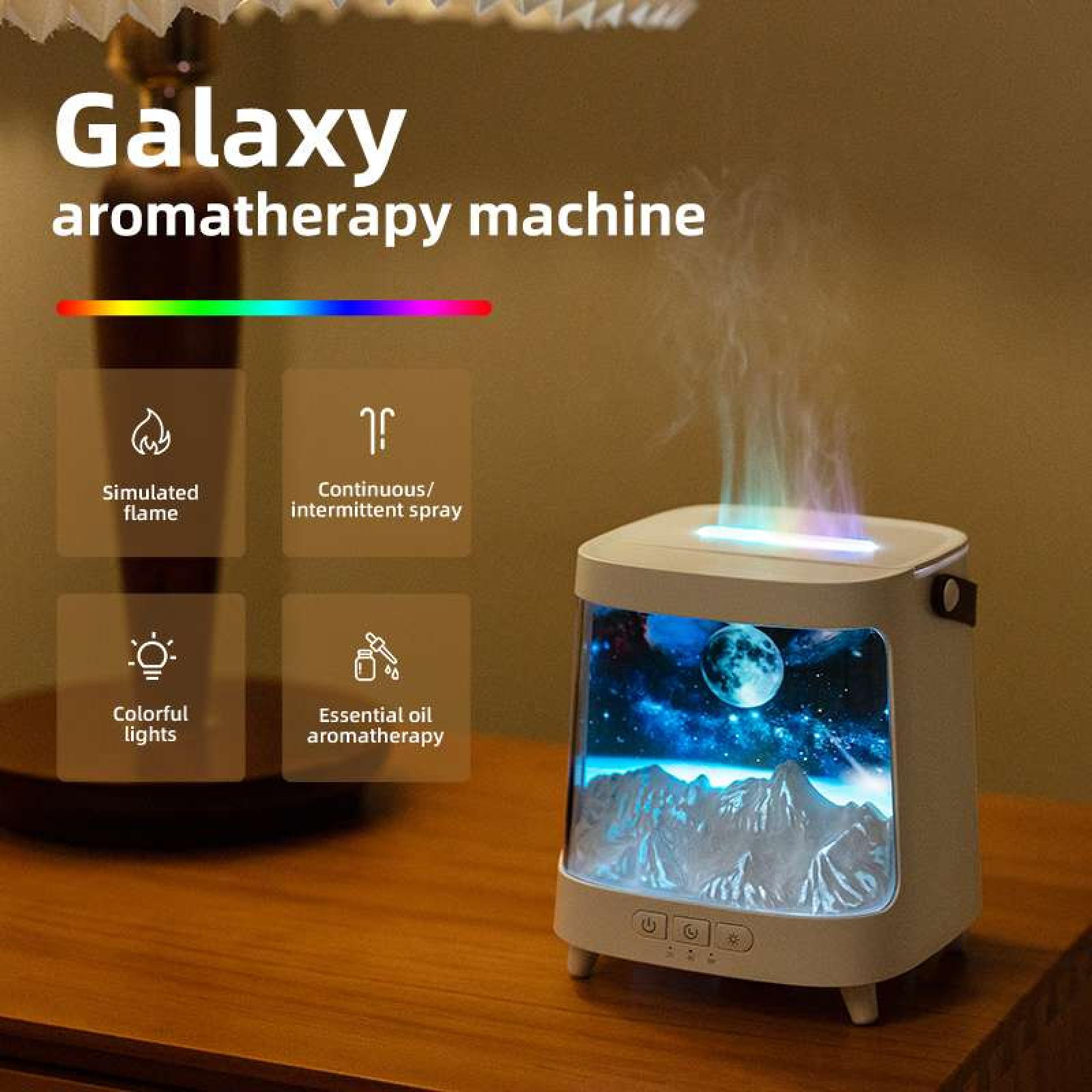 Ein weißer Aromatherapie-Maschine mit Galaxie-Projektion, Dampf und Icons für Flamme, Spray, Lichter und Öl.