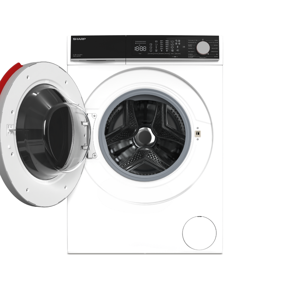 A white Sharp washing machine with an open door. The control panel is black. The door's rim has a red accent.