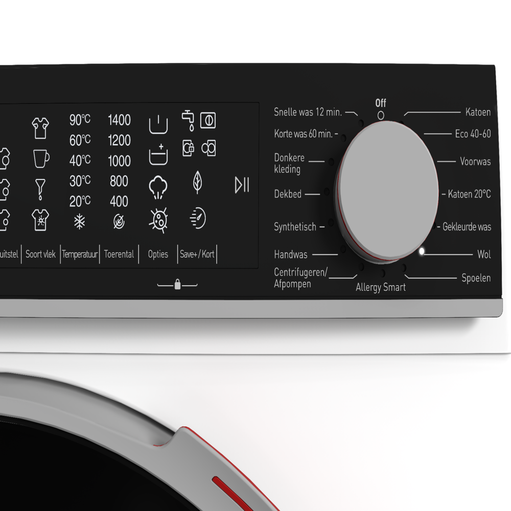 Washing machine control panel with various wash cycle options and a central dial. Includes temperature, spin speed, and program selections.