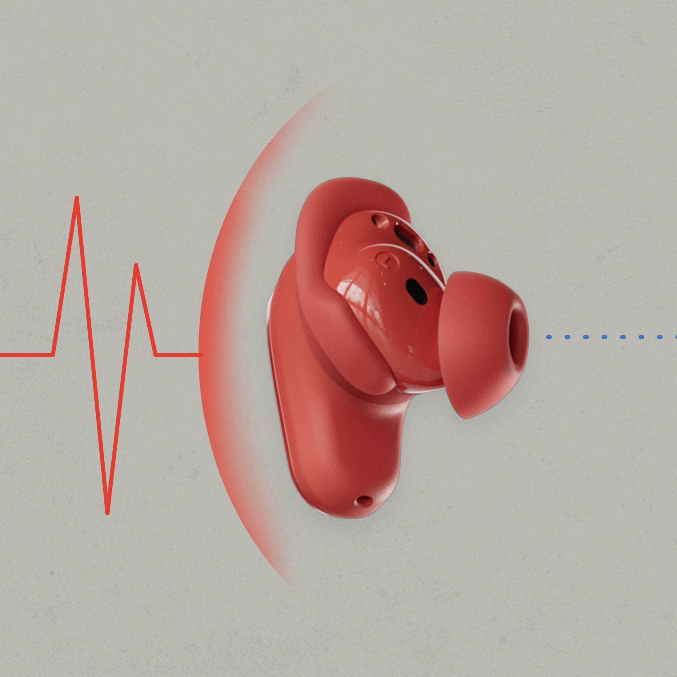 Czerwona słuchawka na szarym tle, z czerwoną falą dźwiękową po lewej i przerywaną linią po prawej.