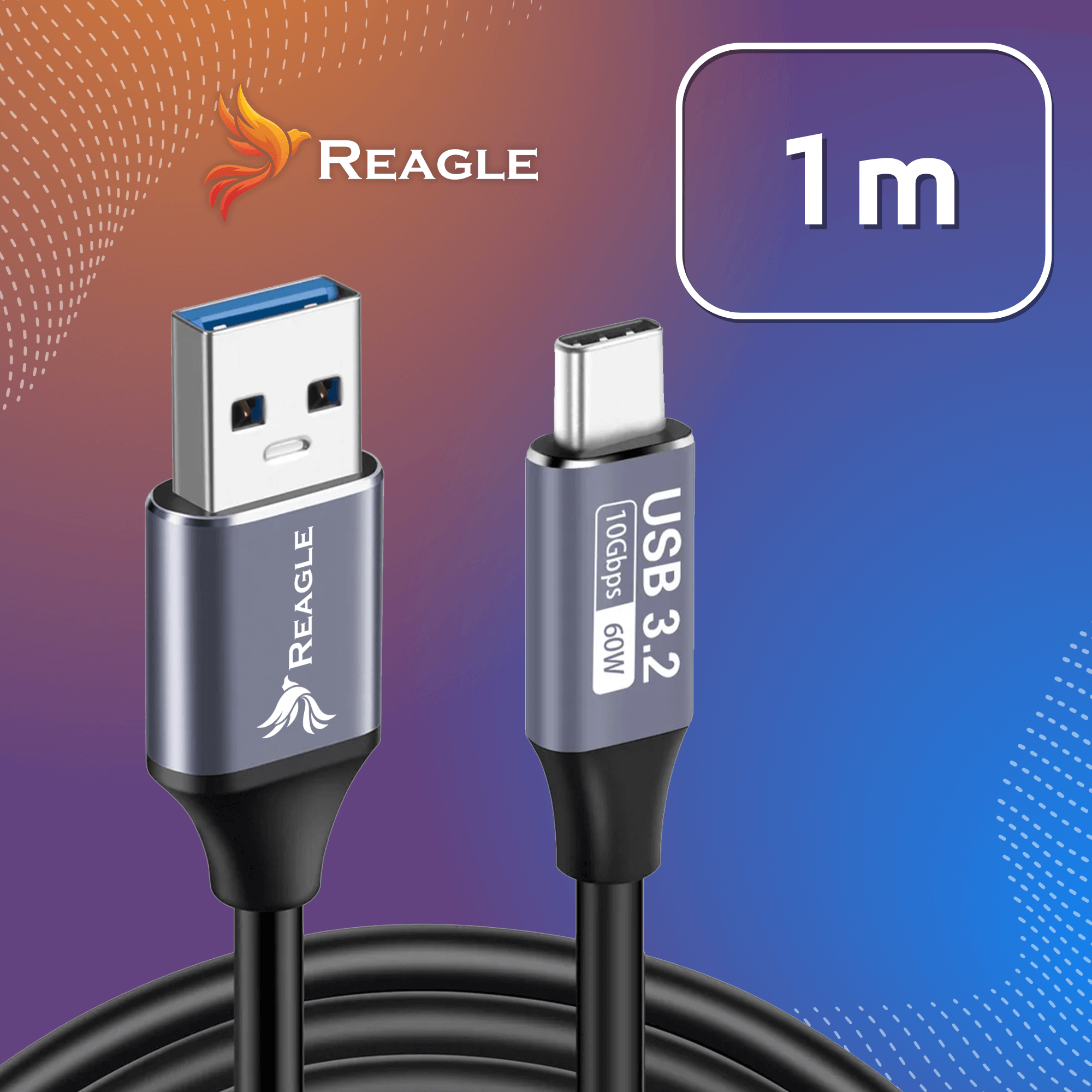 Obraz przedstawia kabel USB-C ze specyfikacją USB 3.2 i marką REAGLE. Obecna jest również etykieta 1m.