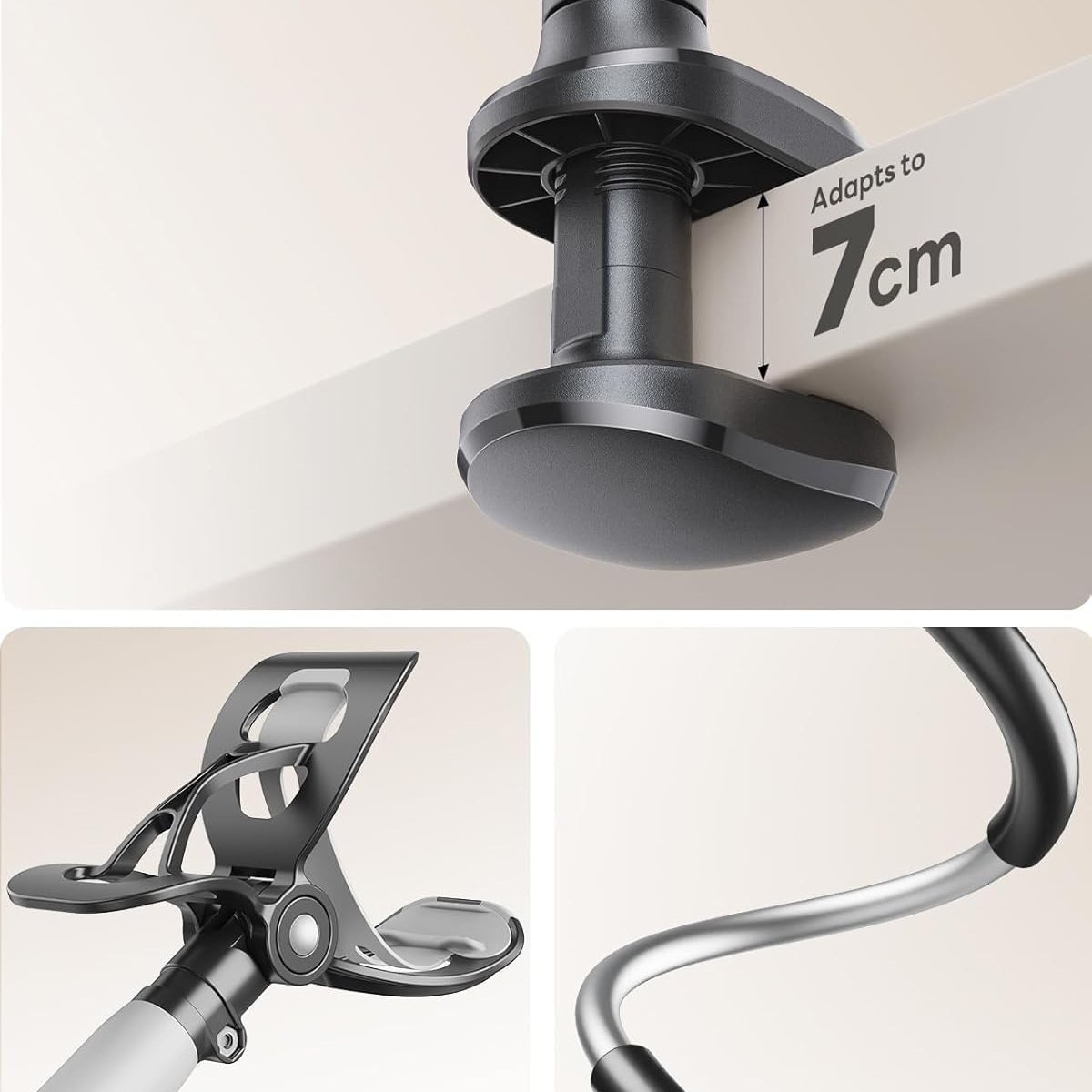 Eine schwarze Schreibtischklemme mit einem Anpassungsbereich von 7 cm. Ein Telefonhalter und ein gebogener silberner Arm sind ebenfalls sichtbar.