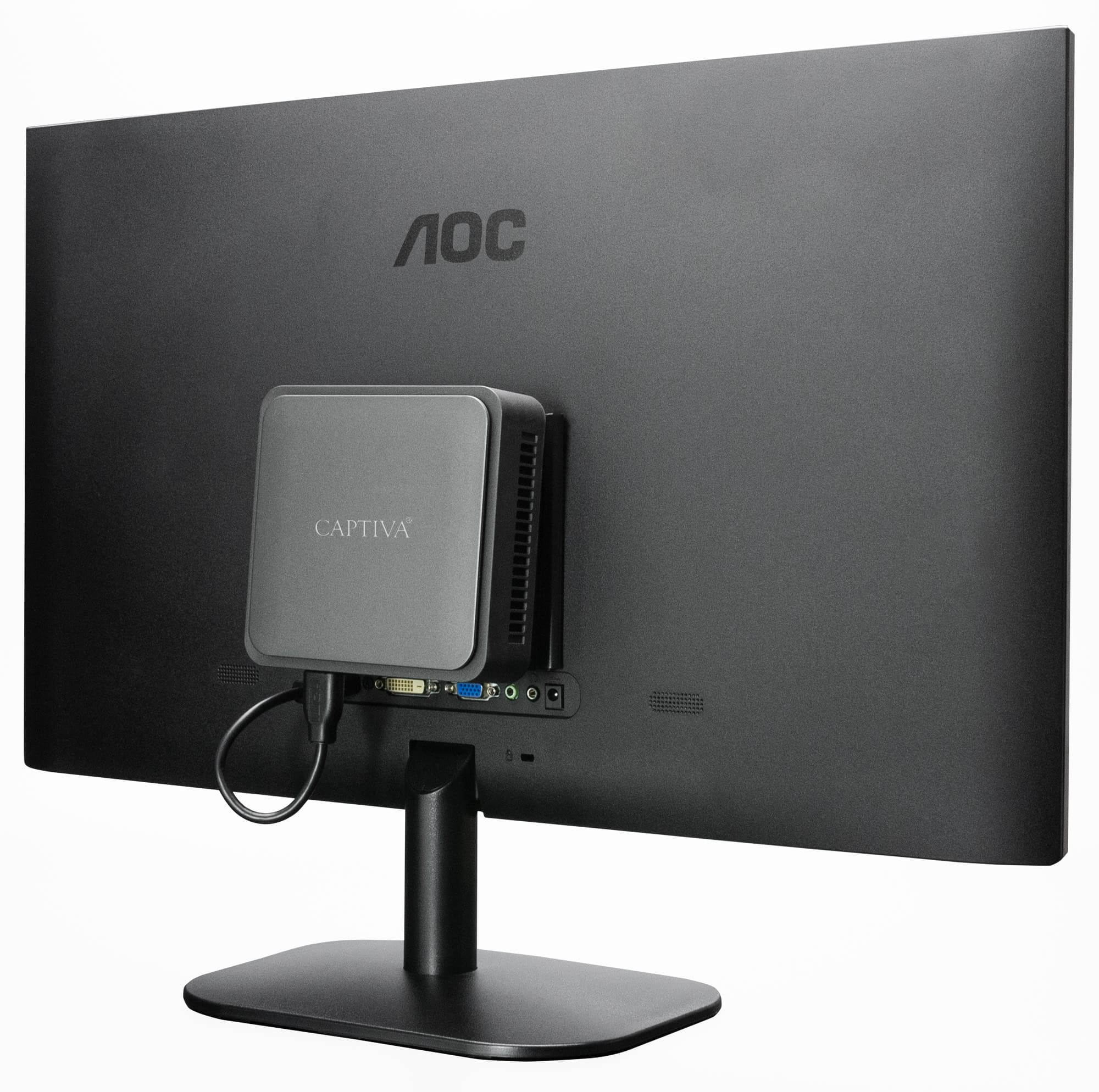 Tył czarnego monitora AOC z dołączonym szarym komputerem Captiva. Monitor stoi na czarnym stojaku.