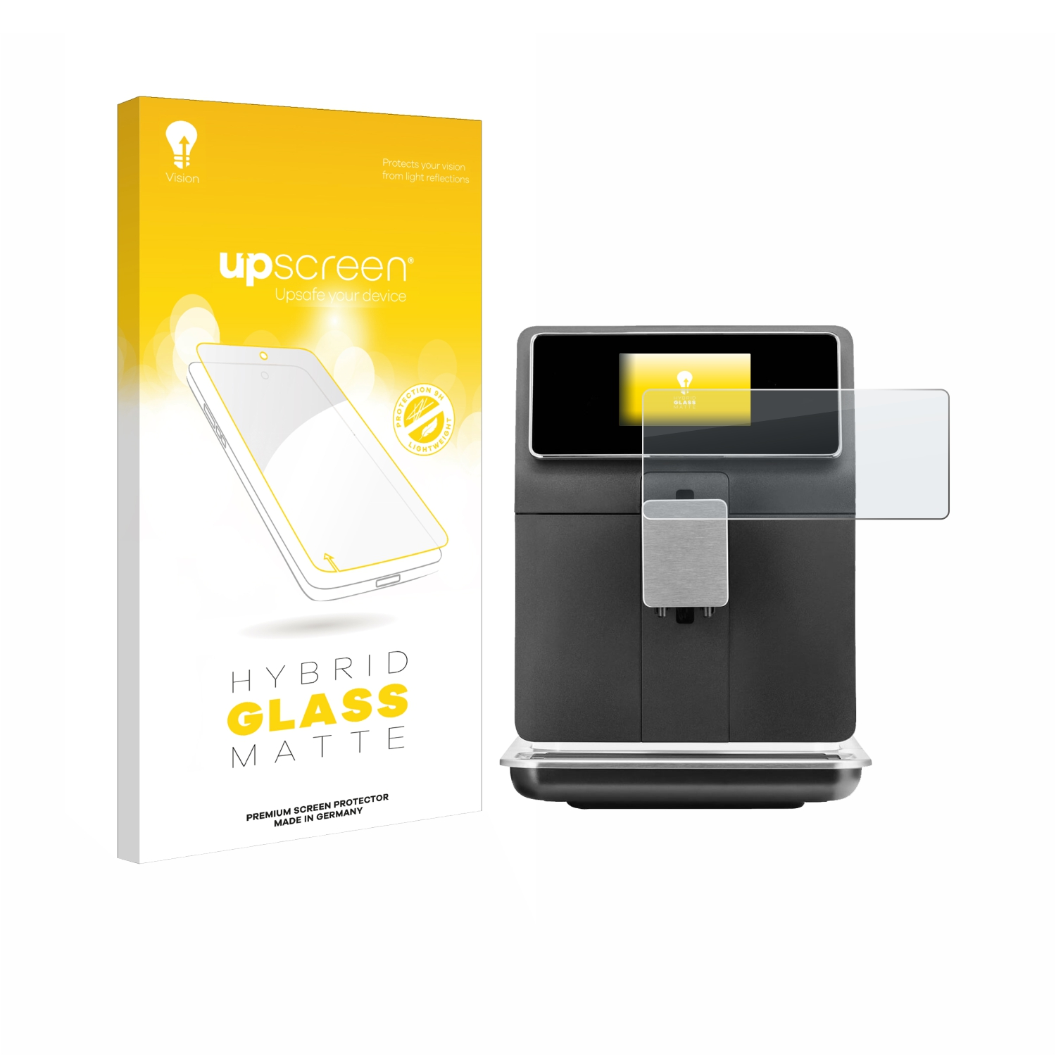Eine Handy-Displayschutzbox neben einer Kaffeemaschine, beides auf weißem Hintergrund. Auf der Box steht 'upscreen' und 'Hybrid Glass'.