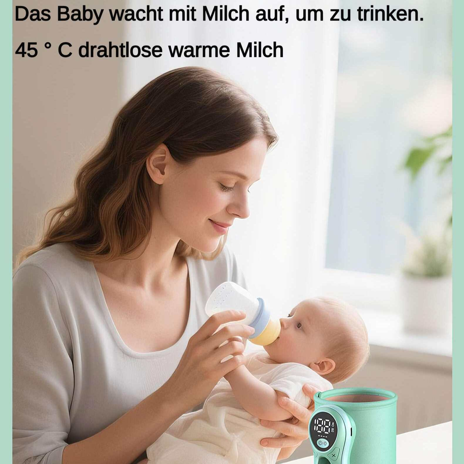Eine Frau füttert ein Baby mit der Flasche. Im Hintergrund befindet sich ein Milchwärmer. Text: 'Baby wacht auf, um Milch zu trinken.'