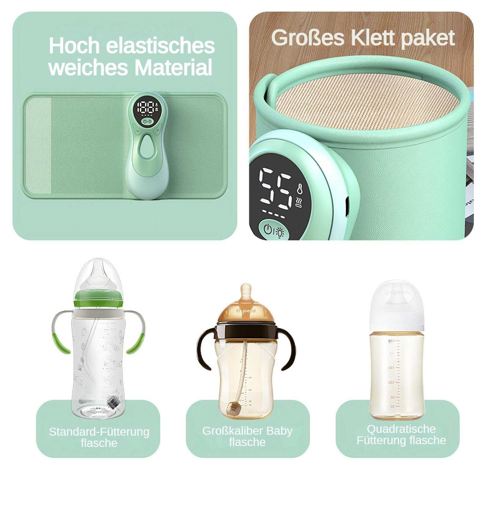 Das Bild zeigt Babyflaschen und verwandte Artikel. Enthält einen Flaschenwärmer, drei Flaschen und zugehörigen Text auf Deutsch.