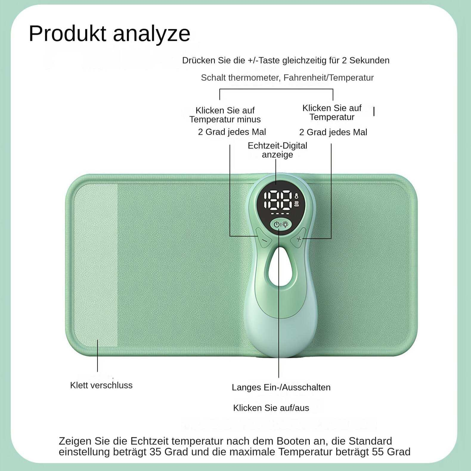 Diagramm mit Thermometer, Temperaturreglern und Anzeige, mit Beschriftungen auf Deutsch.