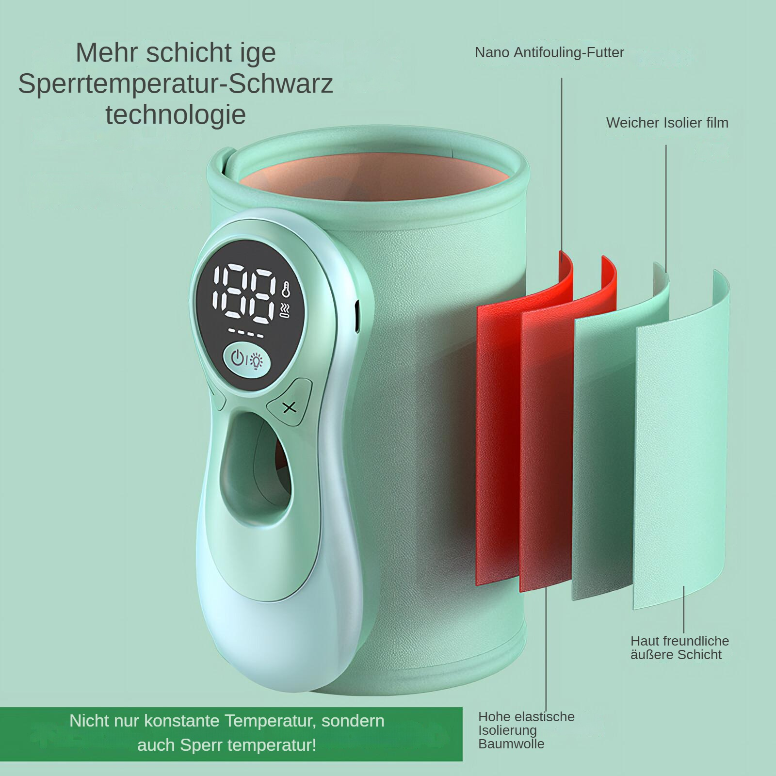 Diagramm eines medizinischen Geräts mit geschichteten Komponenten, einer Digitalanzeige und Textbeschriftungen in Deutsch.
