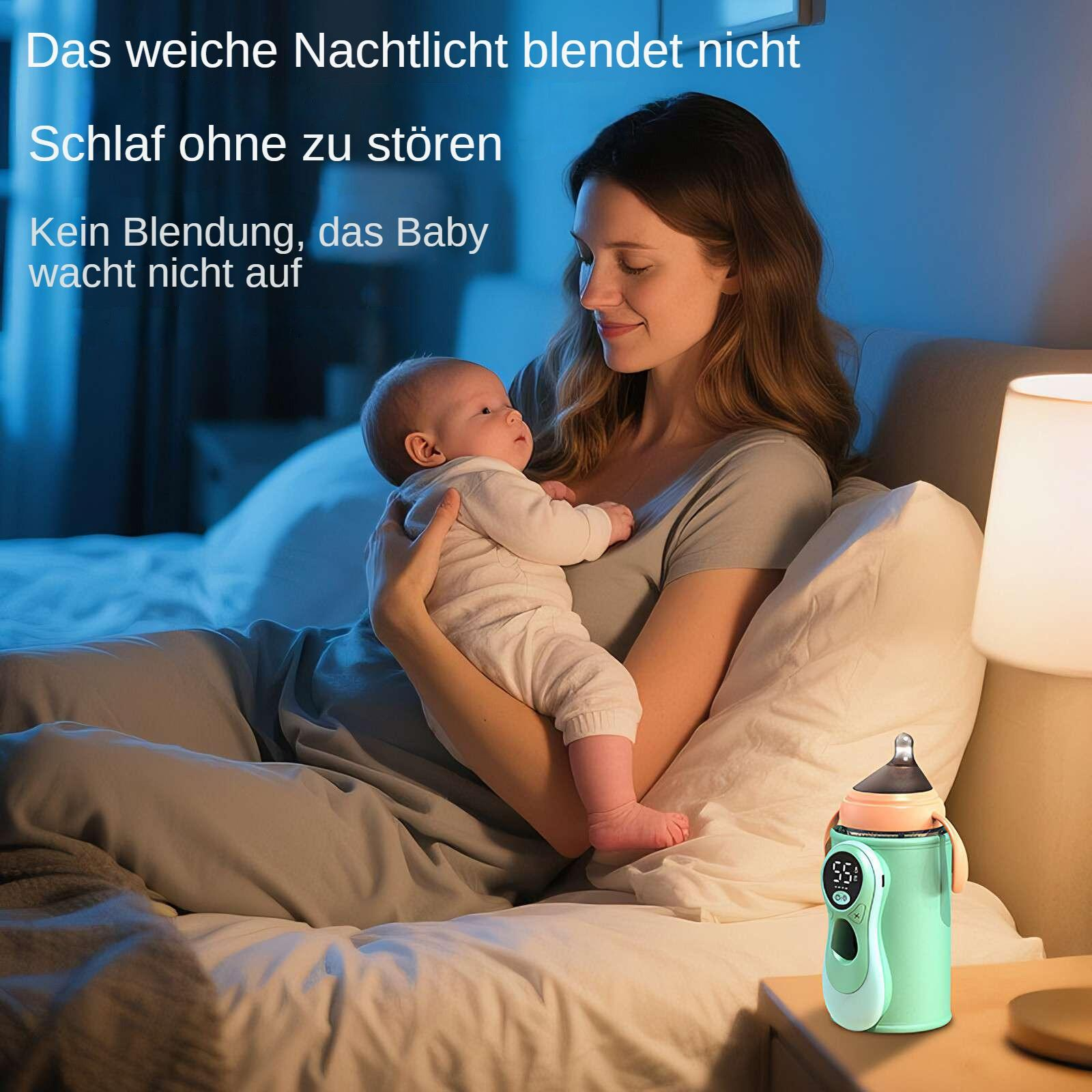 Eine Frau hält ein Baby im Schlafzimmer. Ein Flaschenwärmer steht auf einem Nachttisch. Weiches Licht erfüllt den Raum.