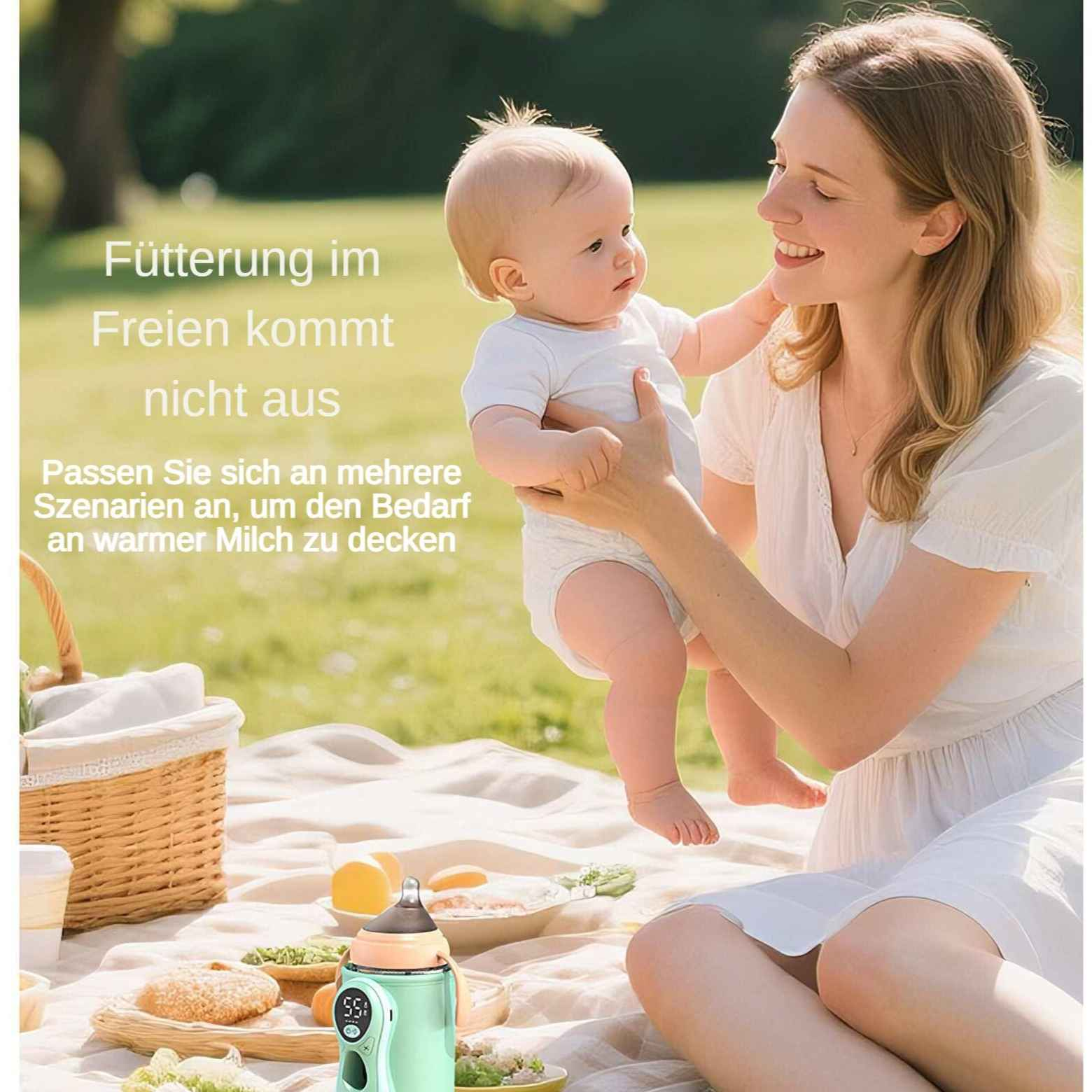 Eine Frau hält ein Baby in einem Park. Ein Flaschenwärmer, Essen und ein Korb liegen auf einer Decke. Text auf Deutsch ist sichtbar.