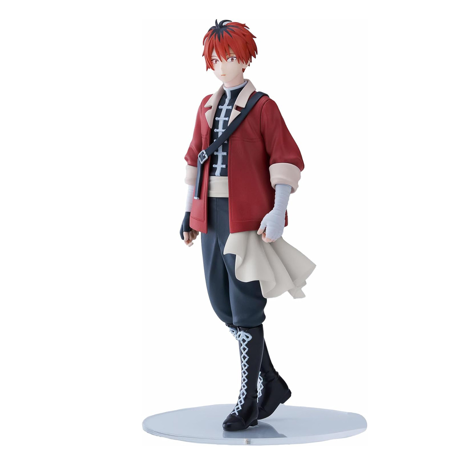 Anime-Figur eines männlichen Charakters in einer roten Jacke, schwarzer Hose und Stiefeln. Er hat rotes Haar und hält ein weißes Tuch.