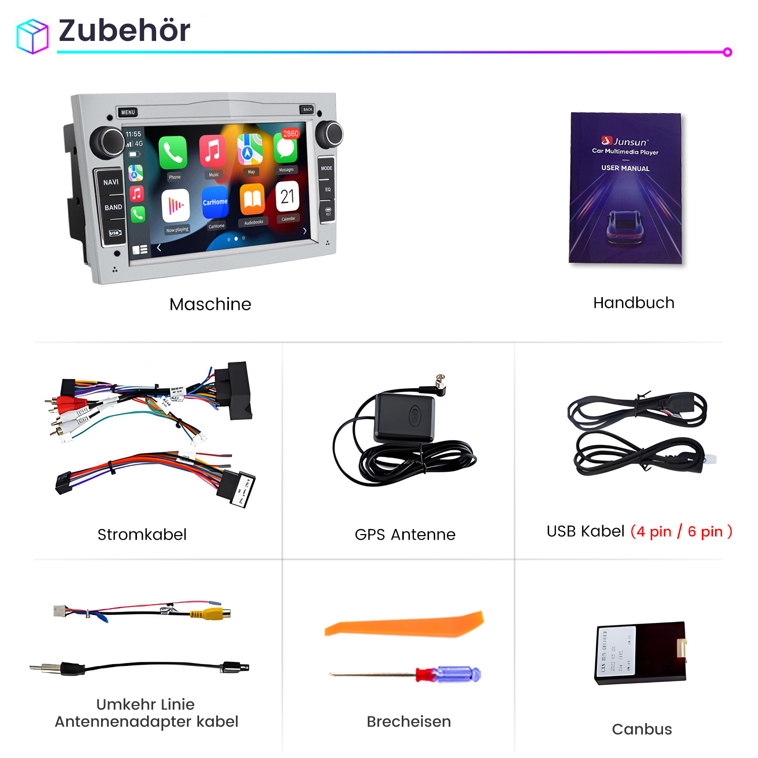 Das Bild zeigt ein Car-Multimedia-Player, Benutzerhandbuch, Kabel, GPS-Antenne und Werkzeuge. Die Artikel sind auf weißem Hintergrund angeordnet.